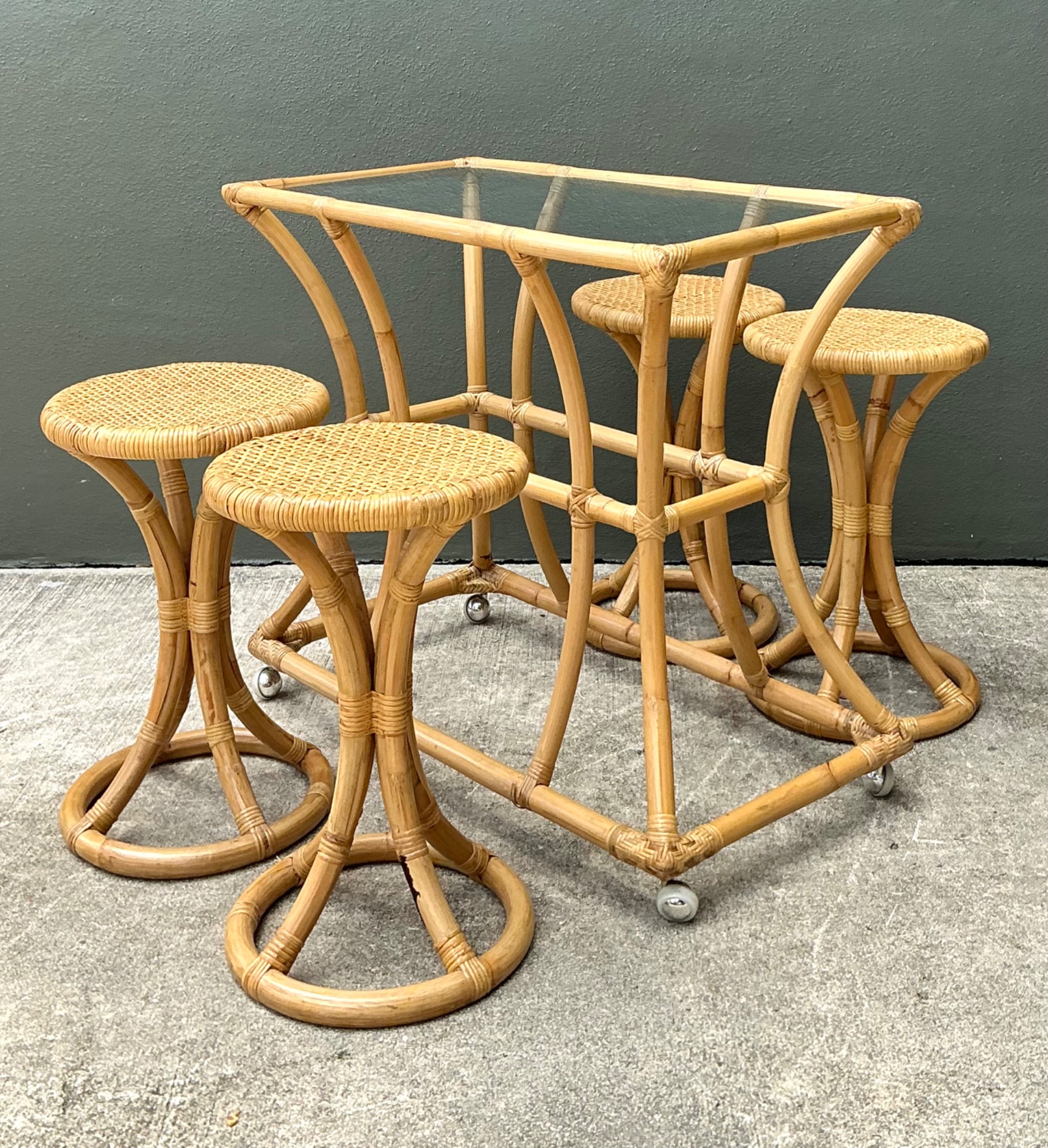 Vintage Rattan High Top Table With Coordinating Stools - Set Of 5 - Side view