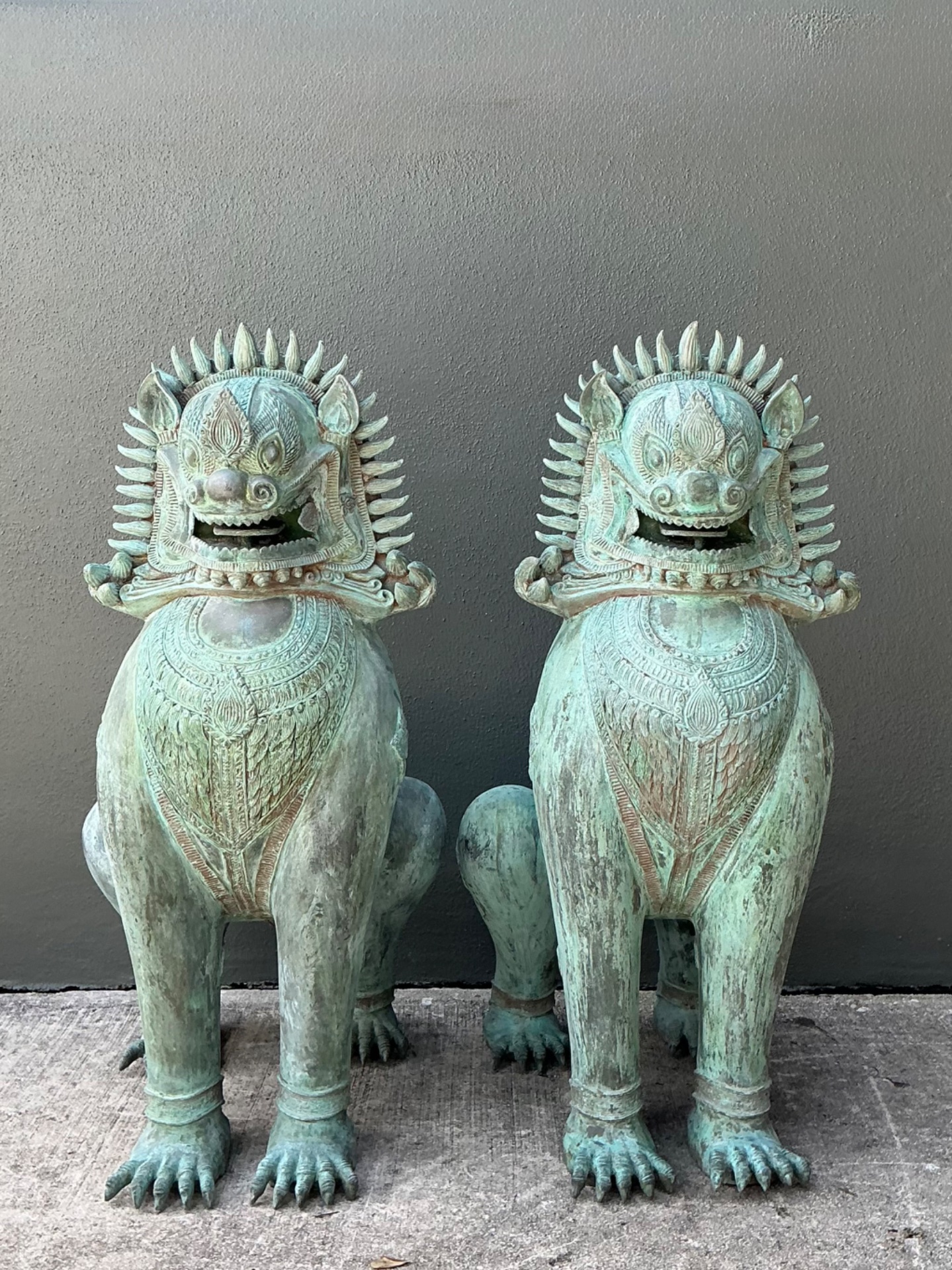 Vintage Verdigris Bronze Temple Lions - A Pair - Detail view