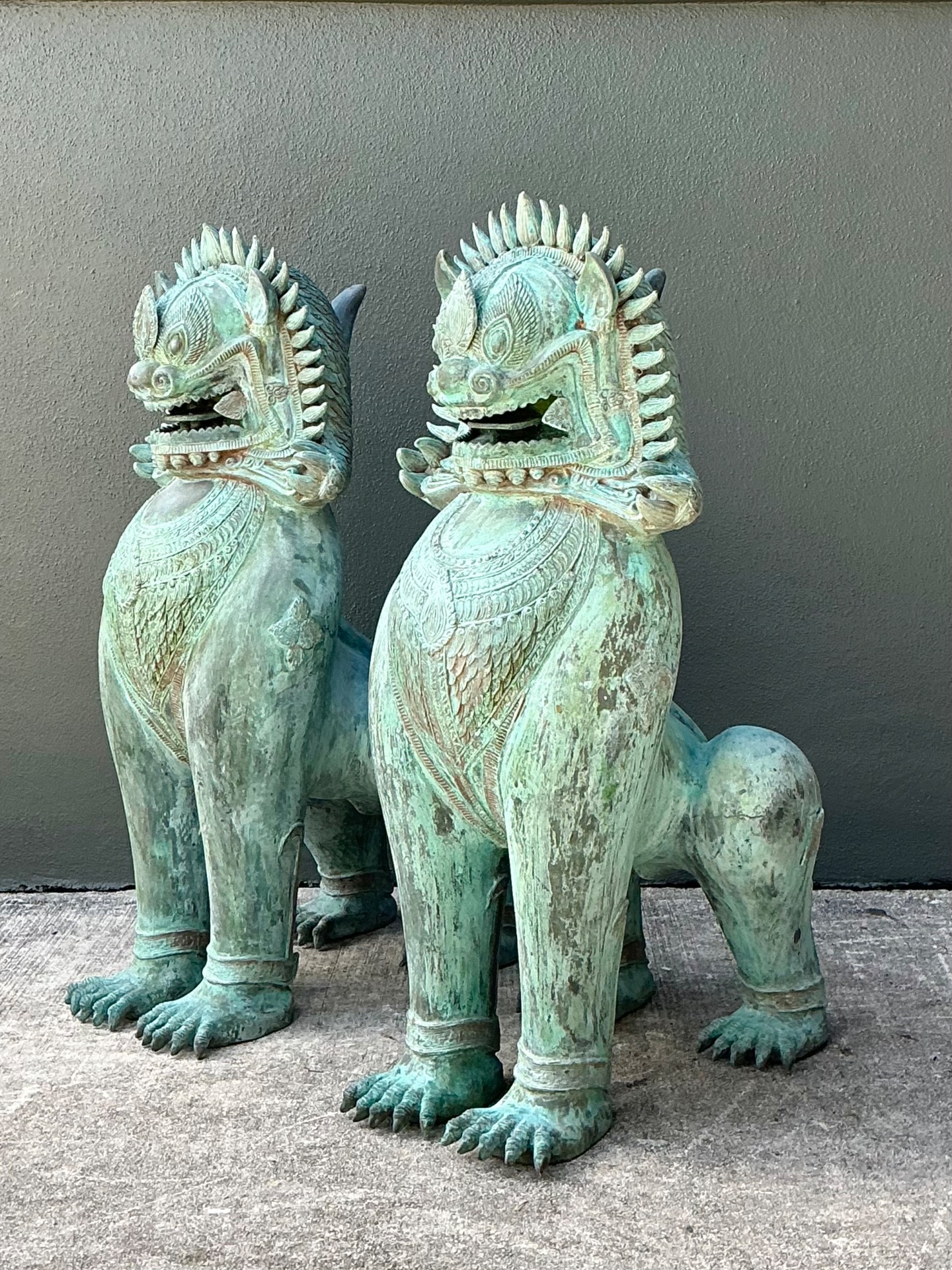 Vintage Verdigris Bronze Temple Lions - A Pair - Back view