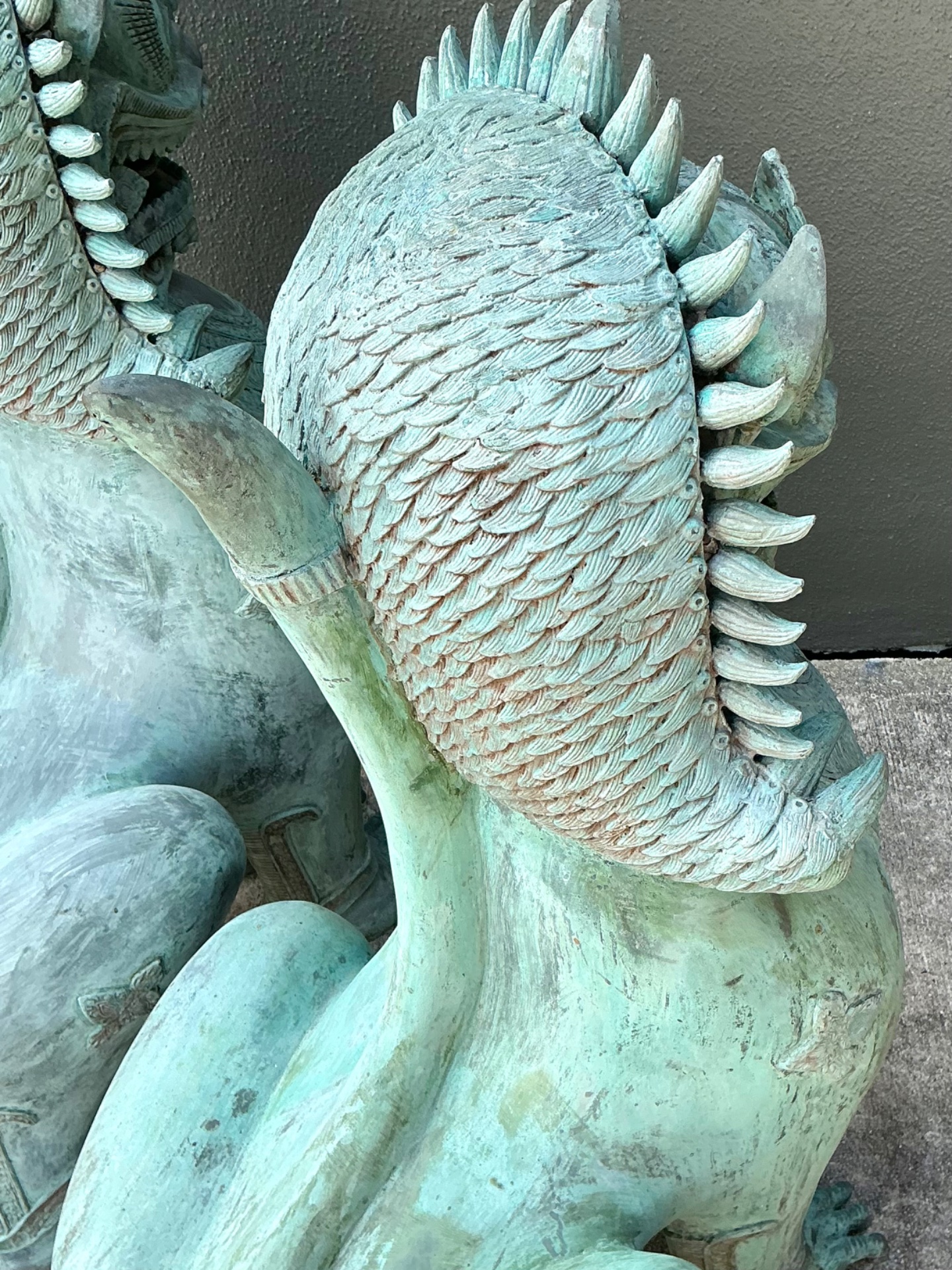 Vintage Verdigris Bronze Temple Lions - A Pair - Side view