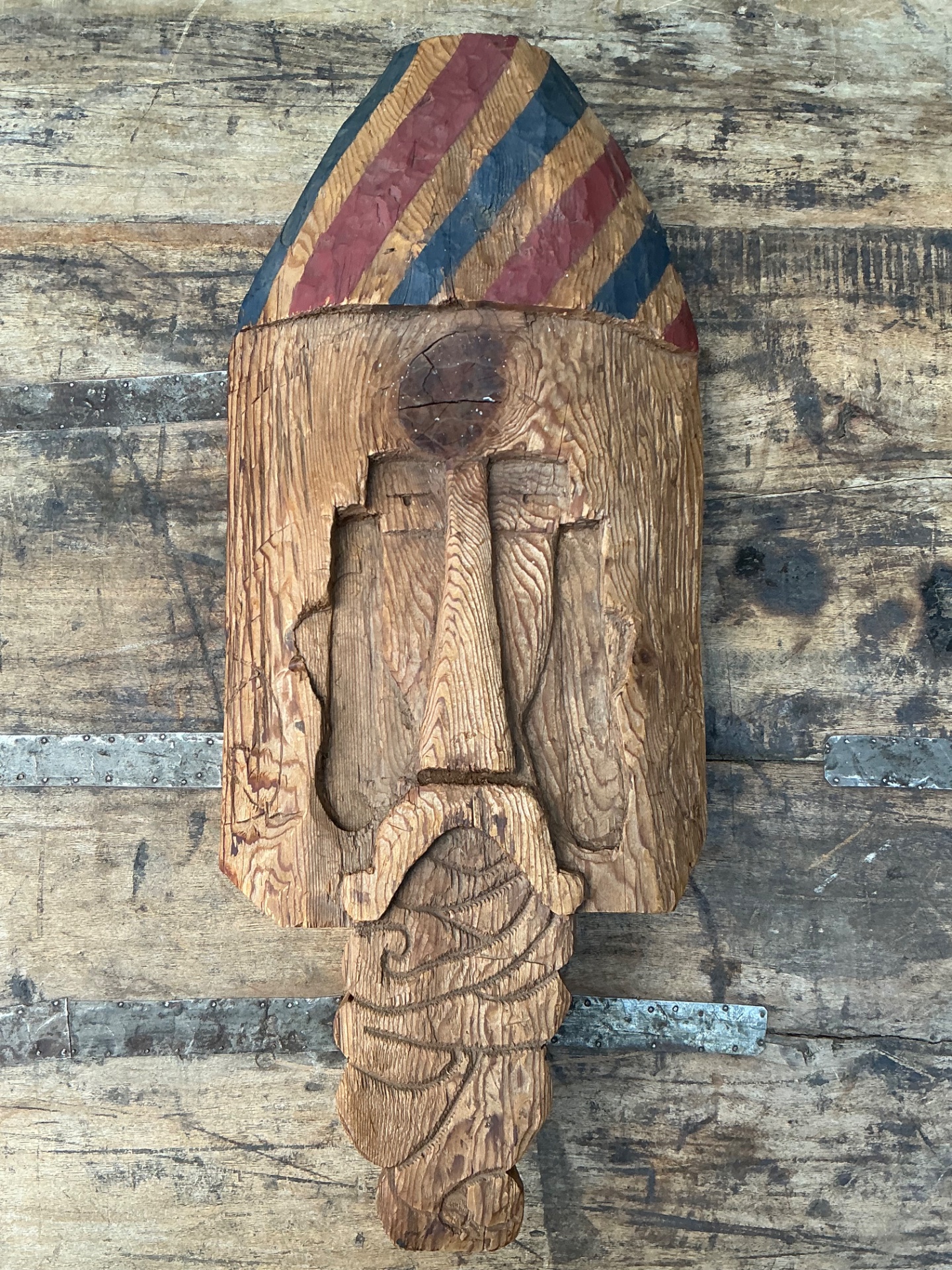Vintage Rustic Carved Wood Mask - Top view