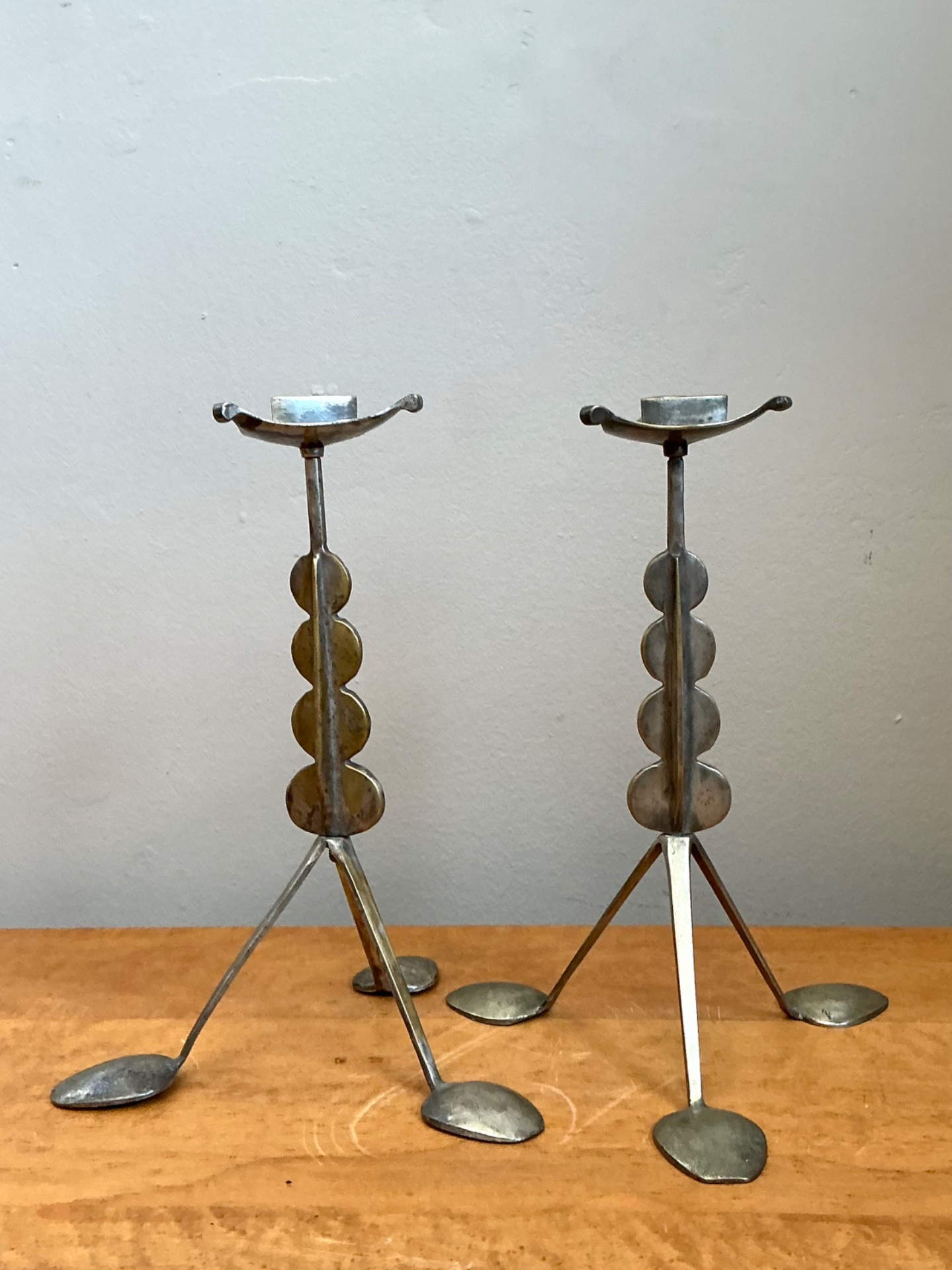 Vintage Sculptural Metal Spoon Candle Holders - A Pair - Back view