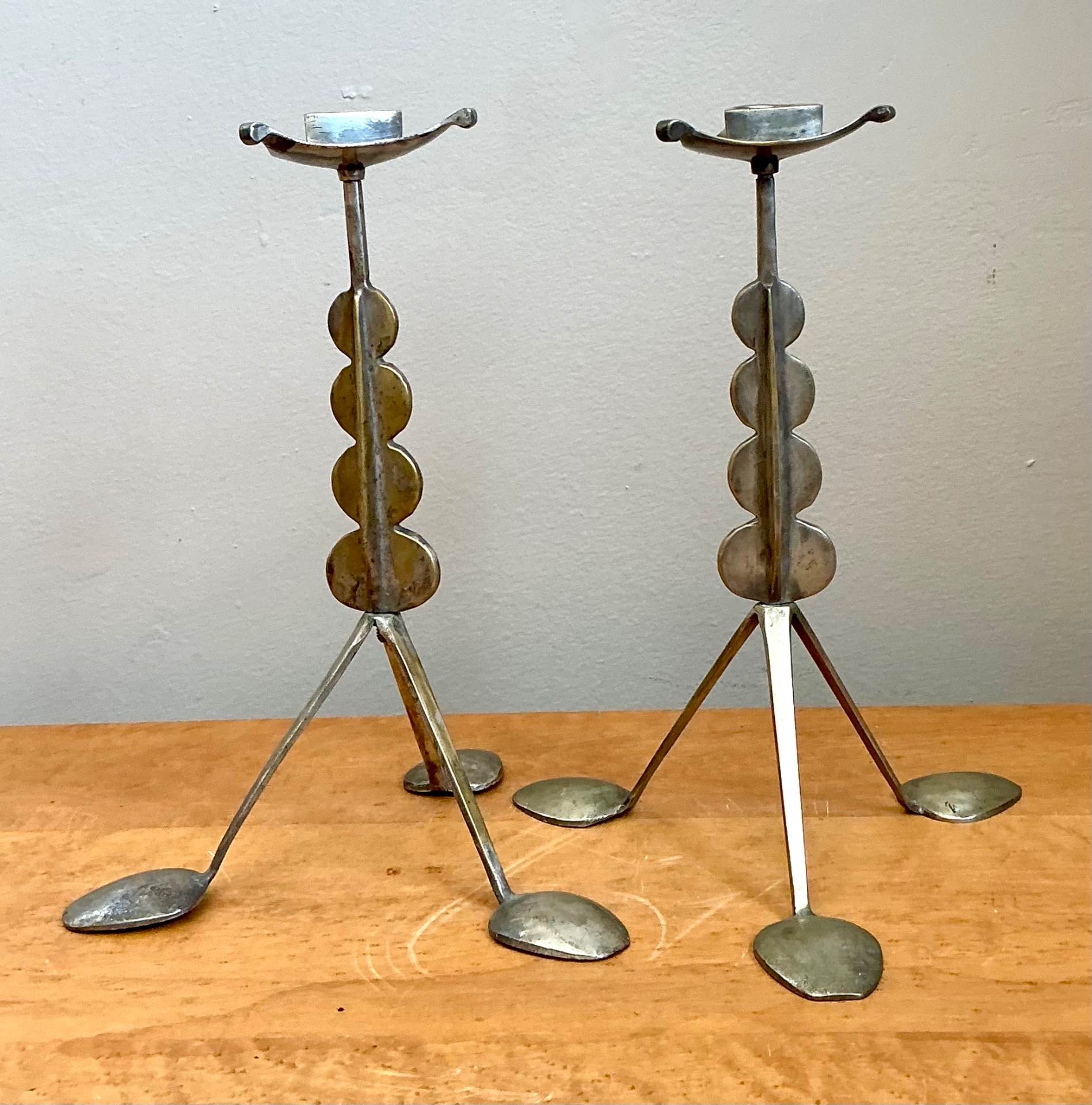 Vintage Sculptural Metal Spoon Candle Holders - A Pair - Detail view