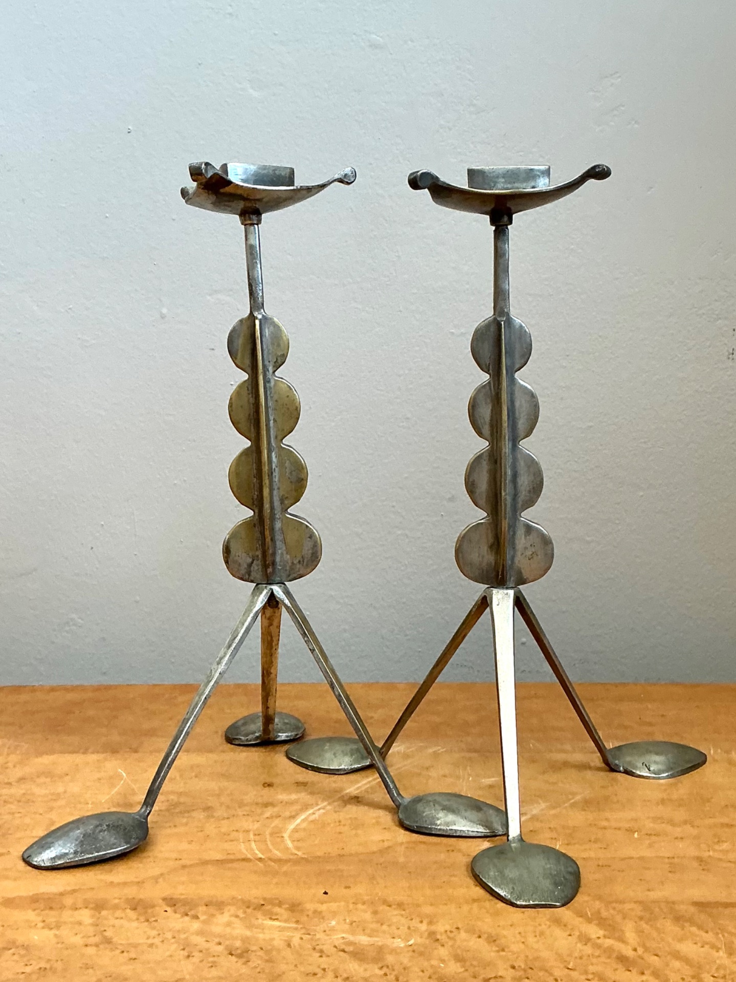 Vintage Sculptural Metal Spoon Candle Holders - A Pair - Top view