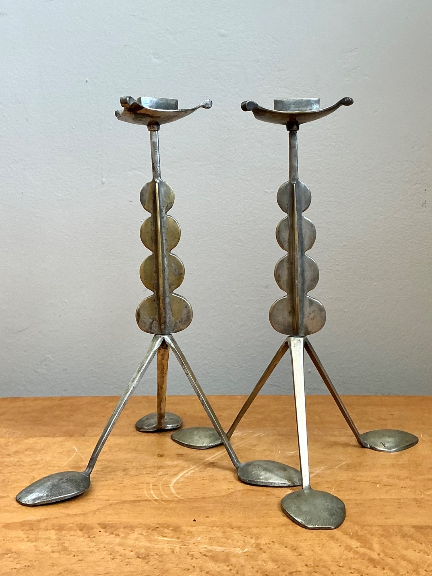 Vintage Sculptural Metal Spoon Candle Holders - A Pair - Side view