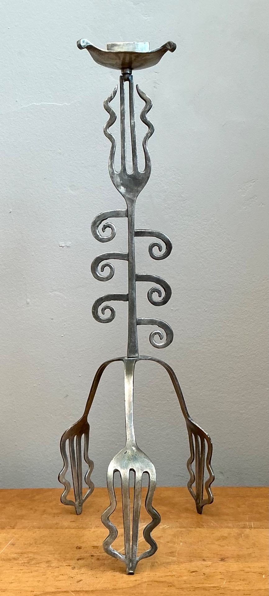 Vintage Sculptural Metal Fork Candle Stand - Side view