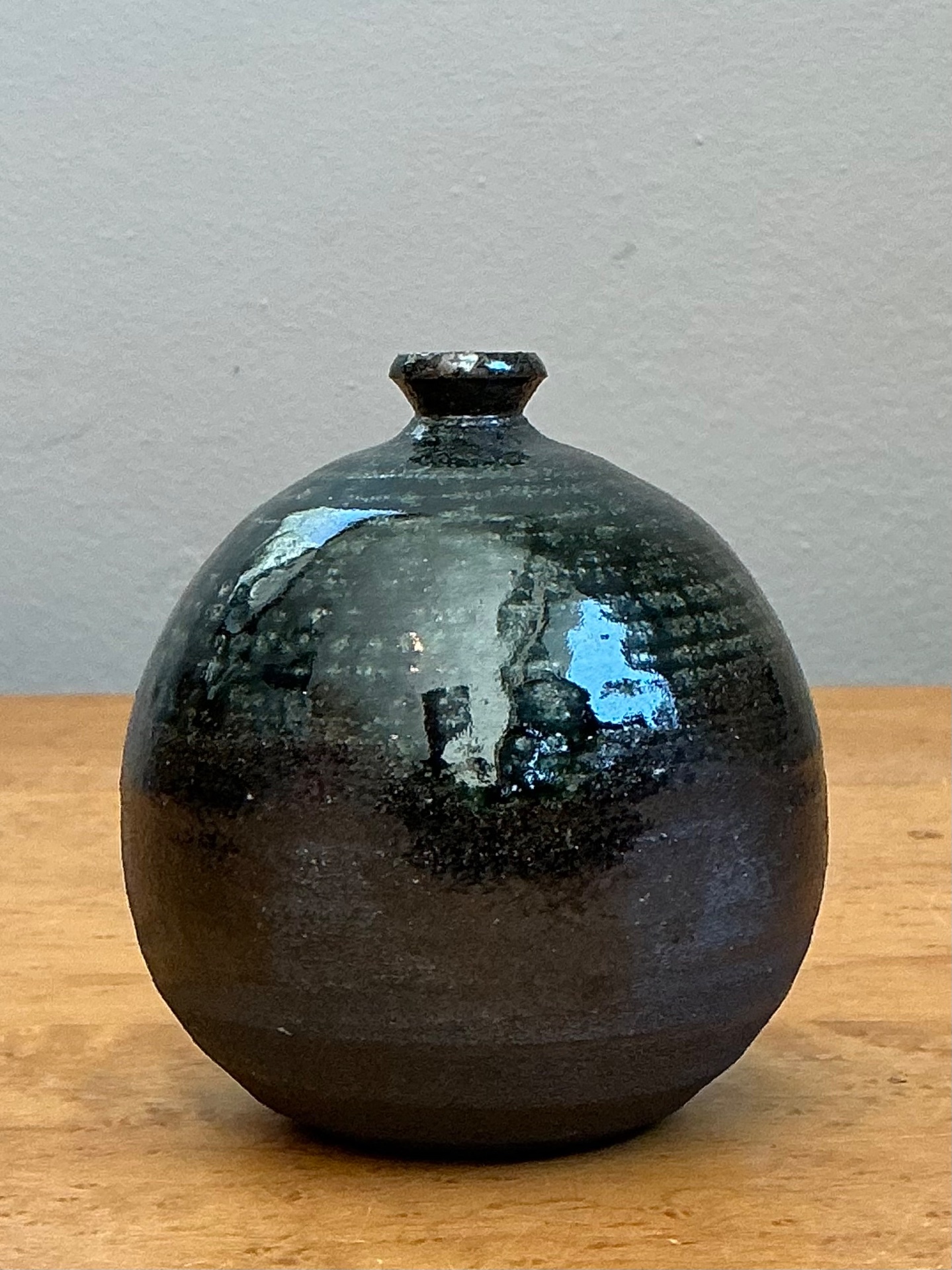 Vintage Original Studio Pottery Green Glaze Weed Vase - Back view