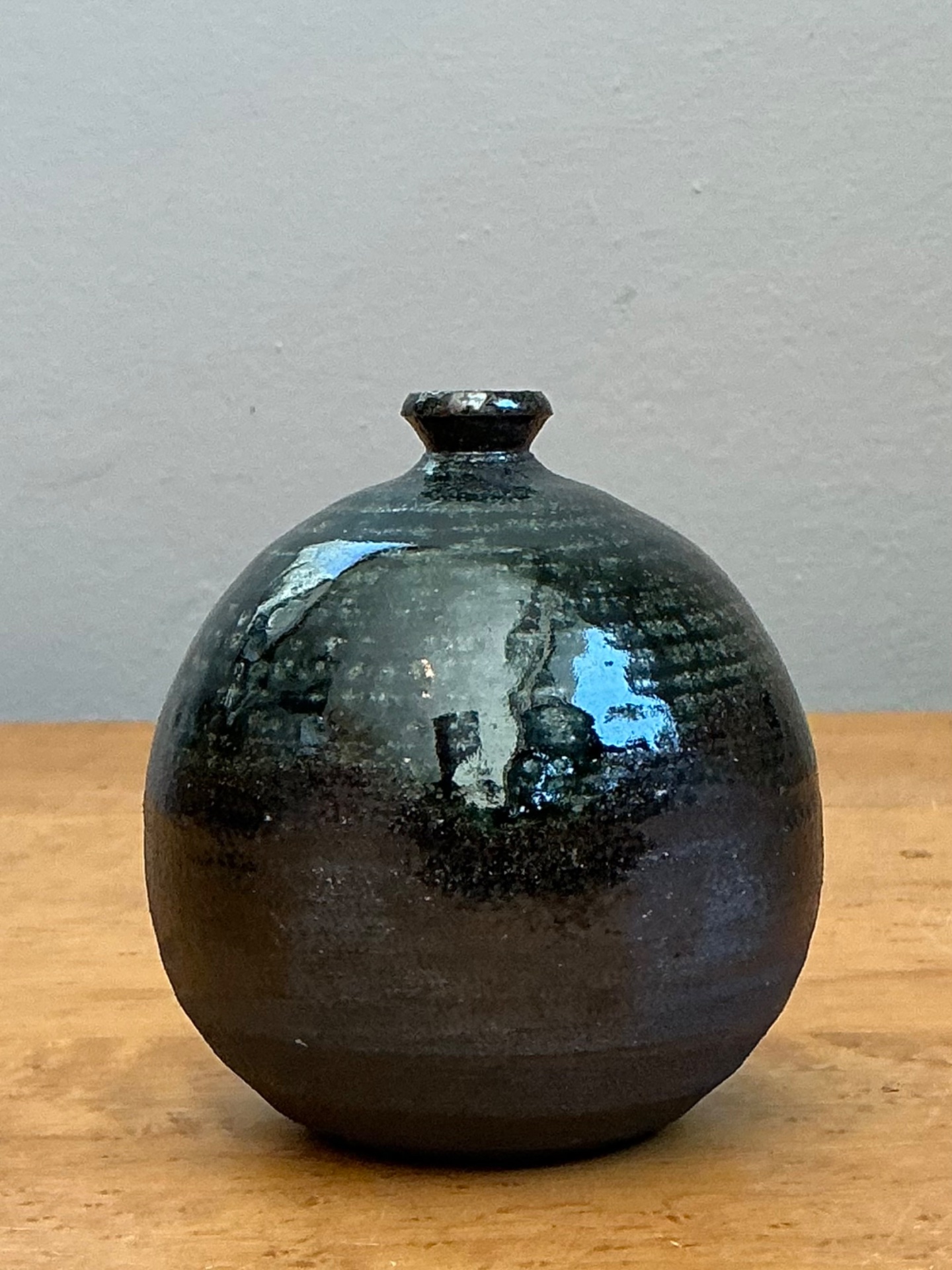 Vintage Original Studio Pottery Green Glaze Weed Vase - Top view