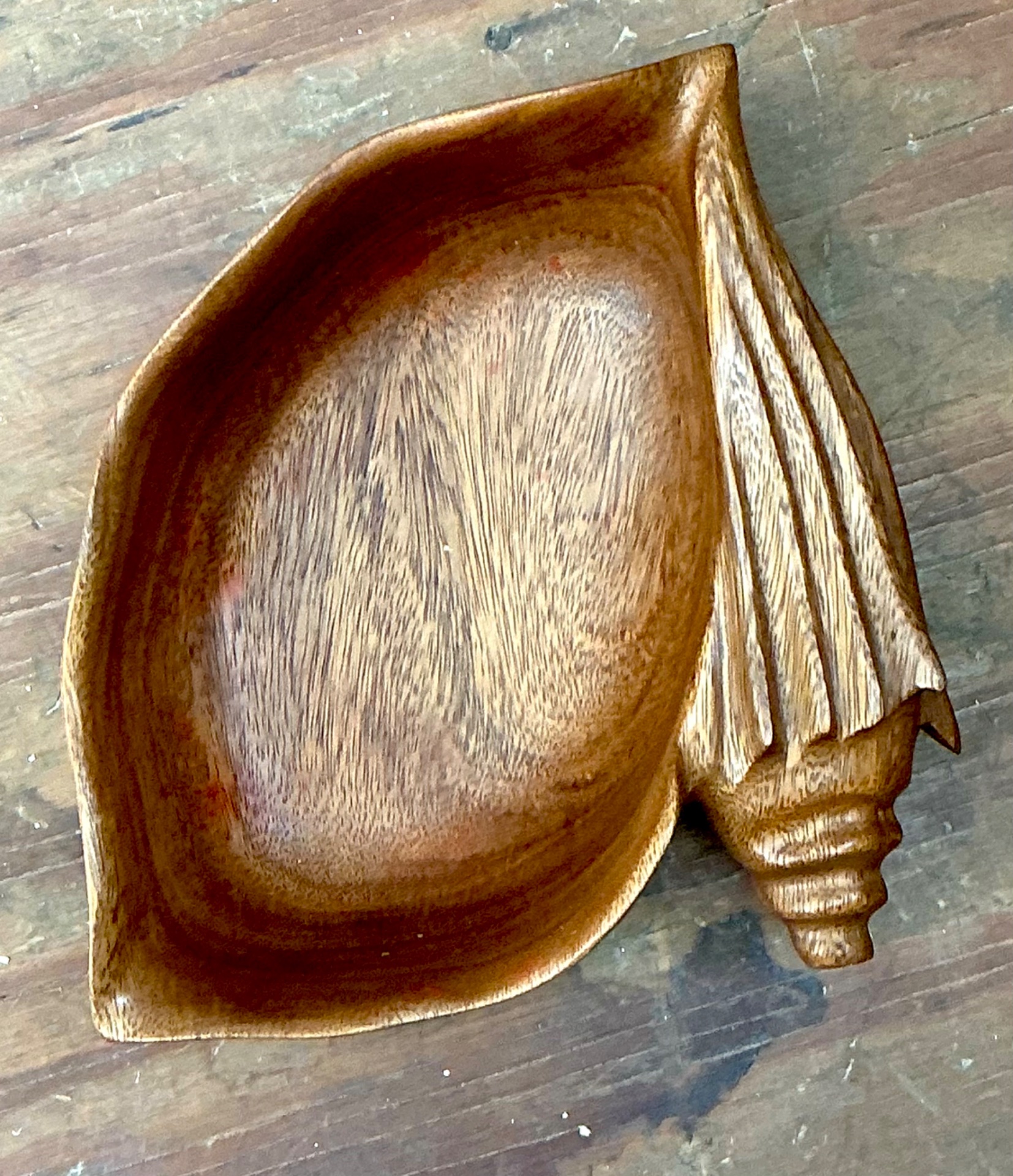 Vintage Carved Wood Shell Bowl - Side view