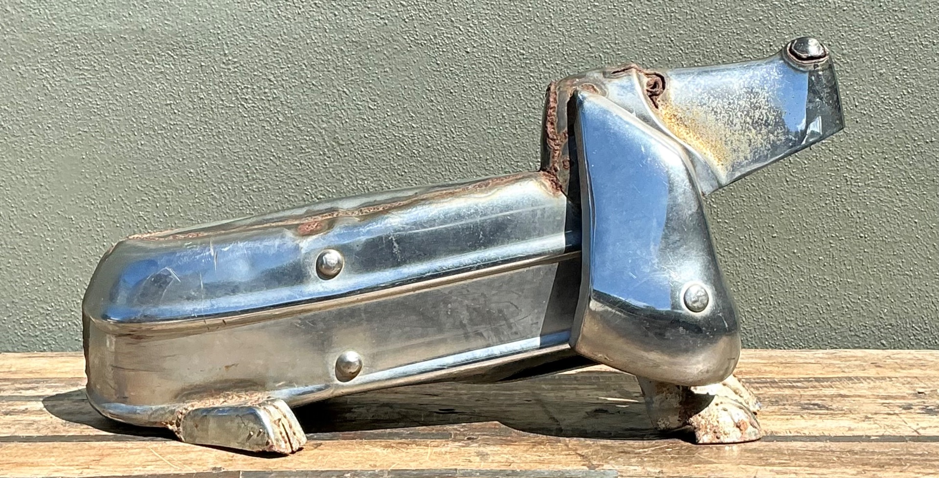 Vintage Chrome Bumper Abstract Dachshund Sculpture - Detail view