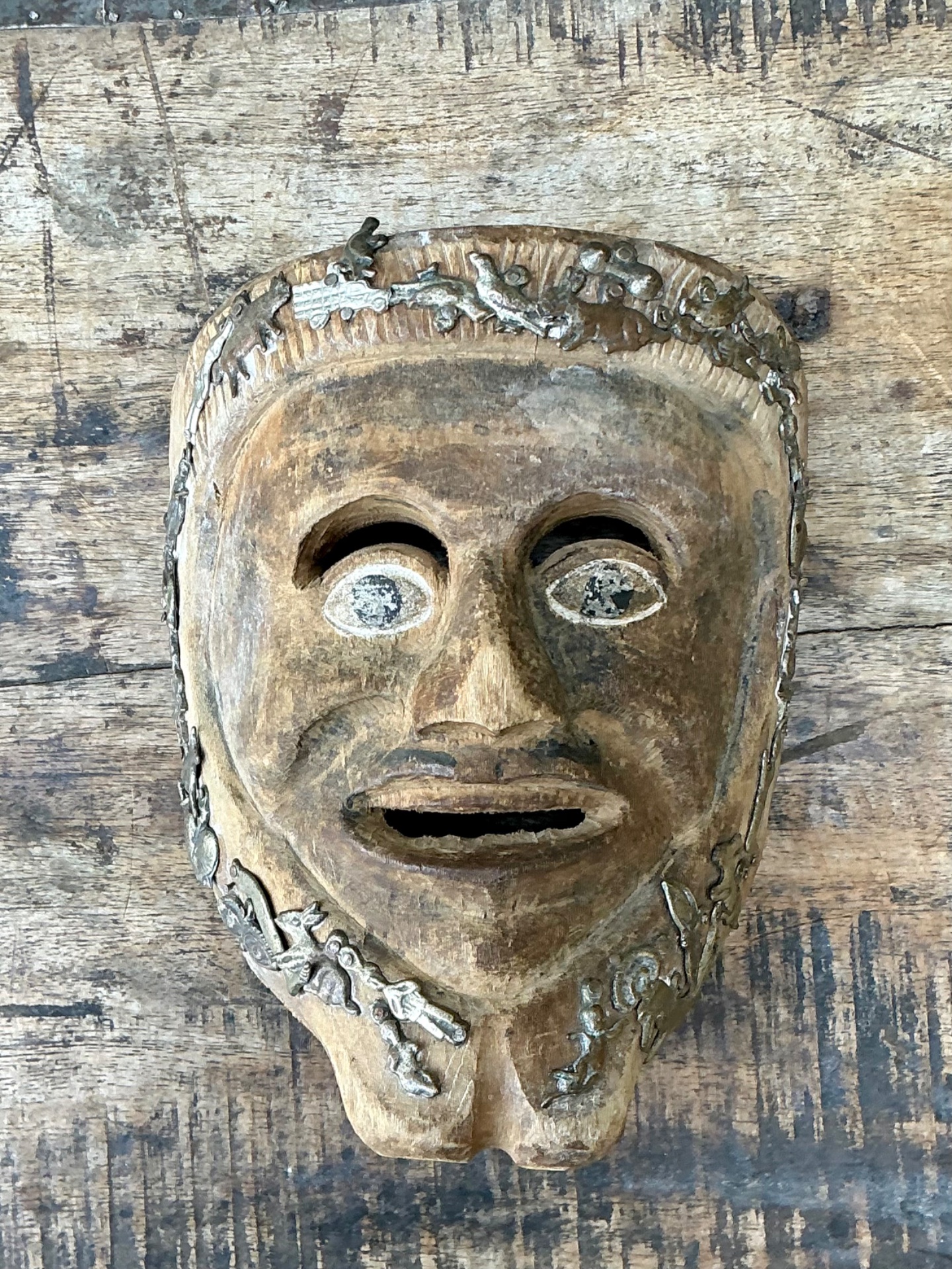 Vintage Tribal Sacred Charms Carved Wood Mask - Detail view