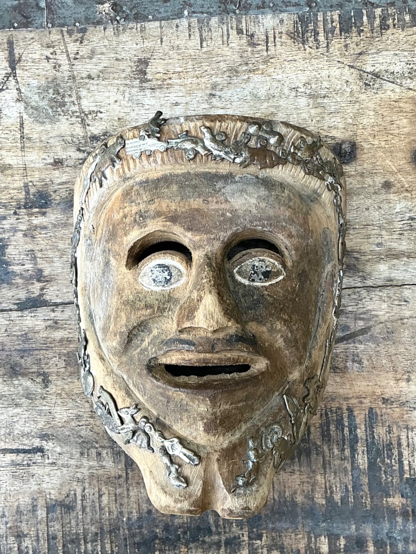 Vintage Tribal Sacred Charms Carved Wood Mask - Back view