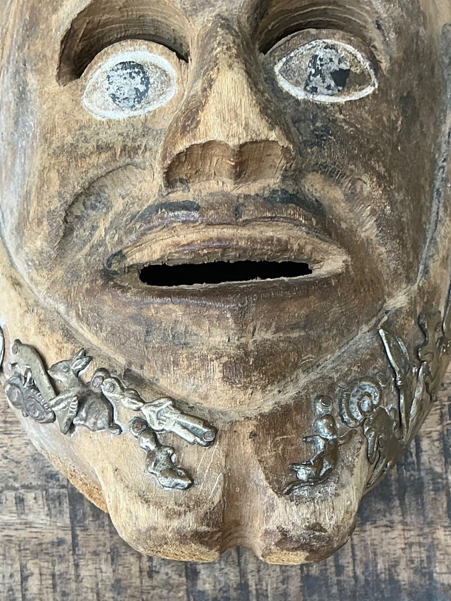 Vintage Tribal Sacred Charms Carved Wood Mask - Side view