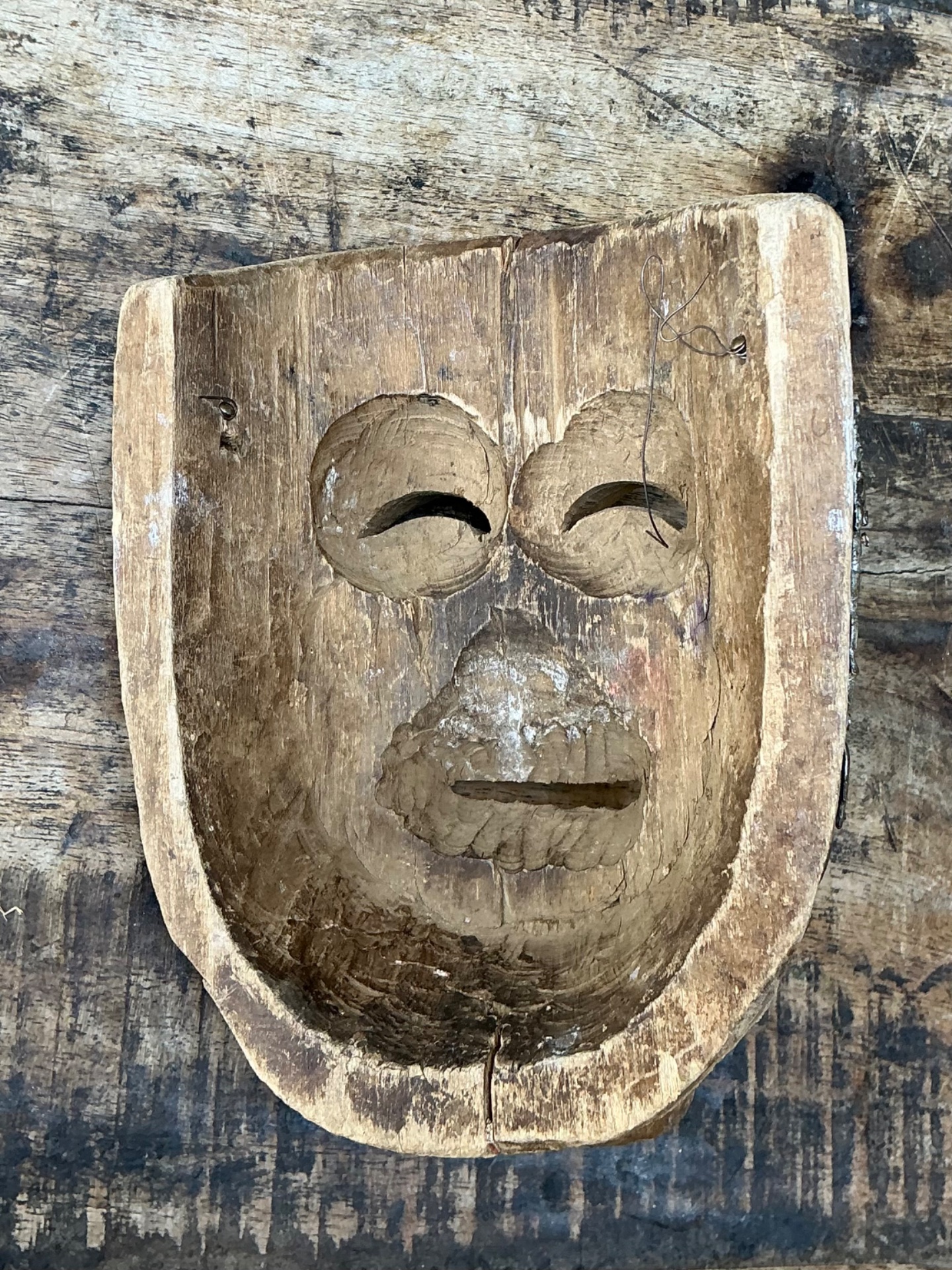 Vintage Tribal Sacred Charms Carved Wood Mask - Top view