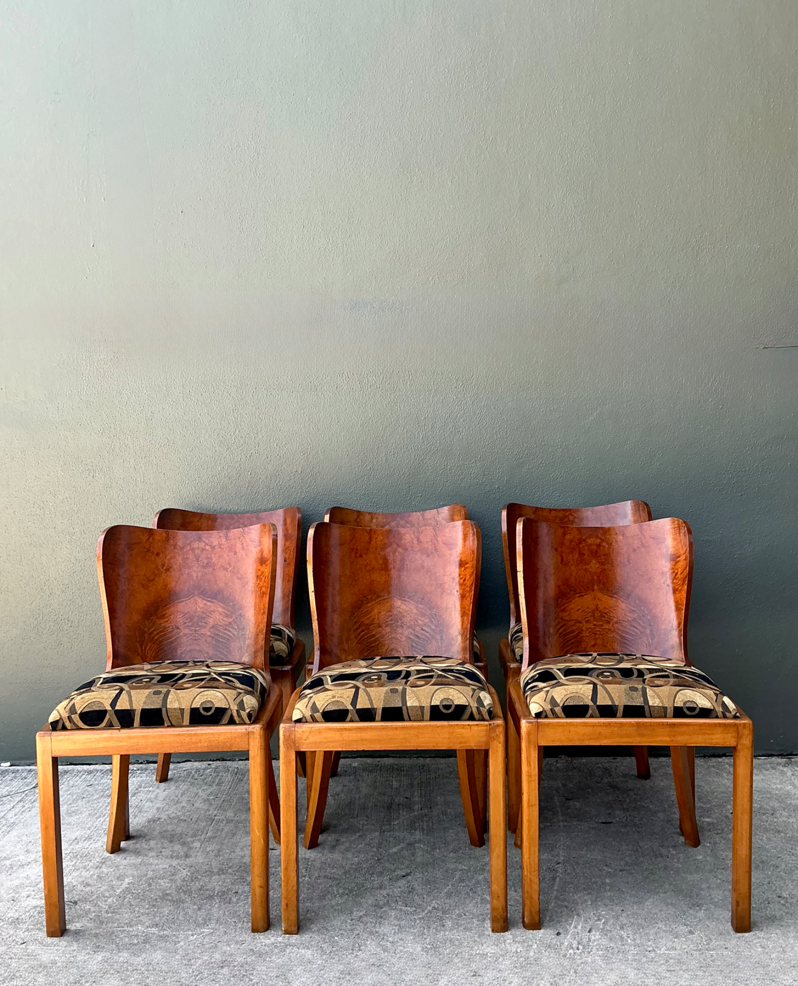 Vintage Art Deco Style Burl Wood Dining Chairs - Set of 6 - Back view