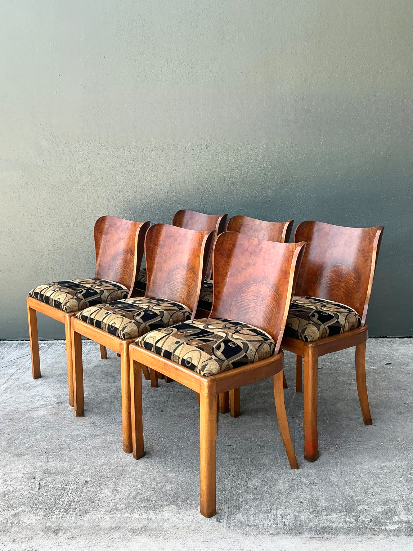 Vintage Art Deco Style Burl Wood Dining Chairs - Set of 6 - Side view