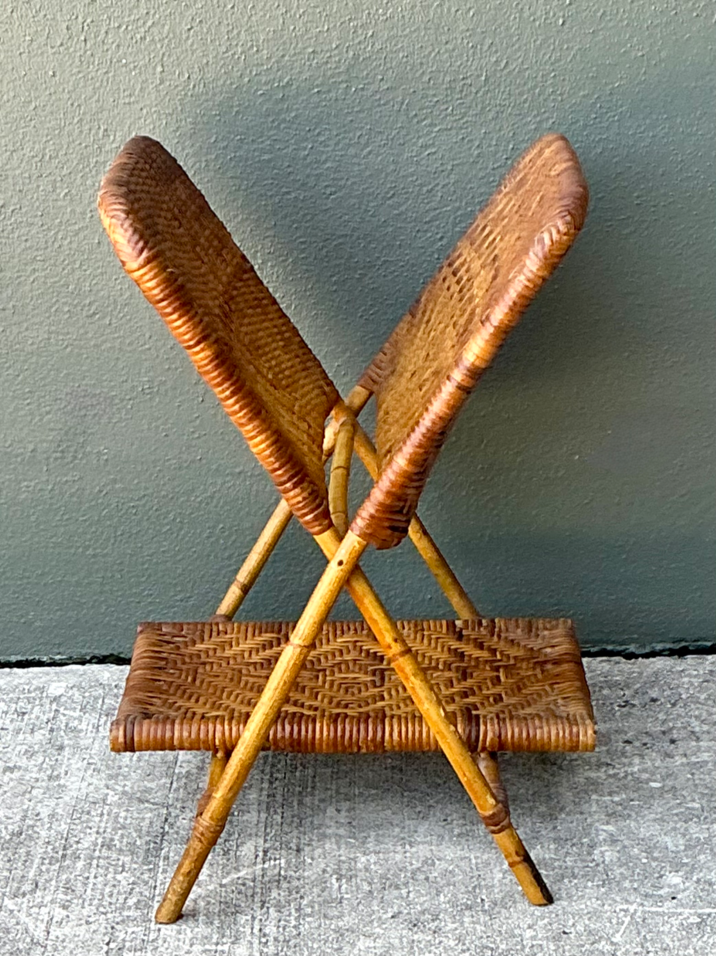 Vintage Rattan Folding Newspaper Holder - Back view