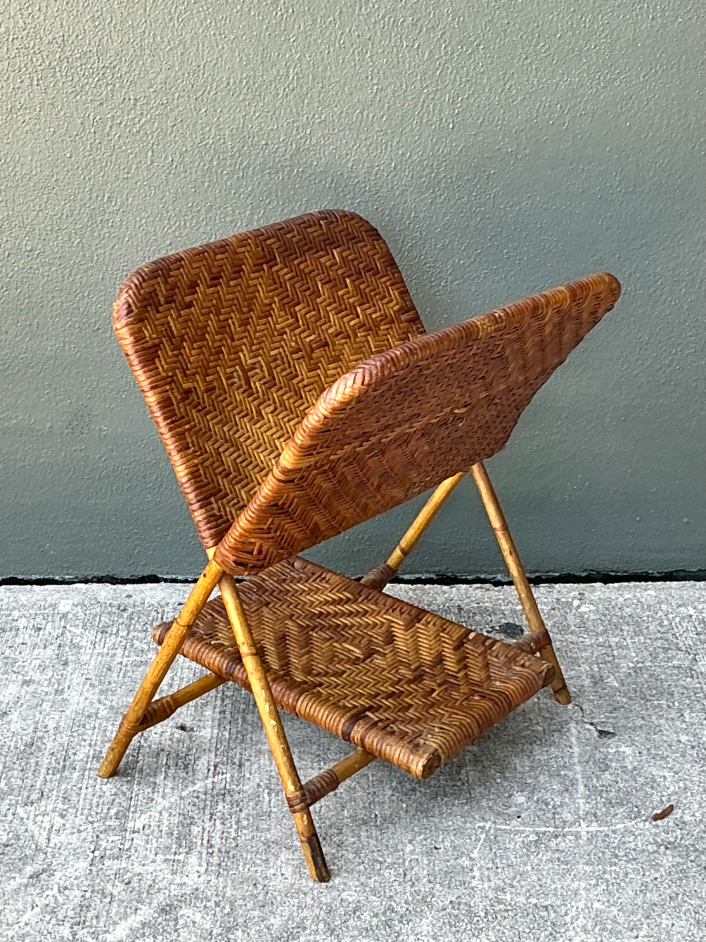 Vintage Rattan Folding Newspaper Holder - Side view
