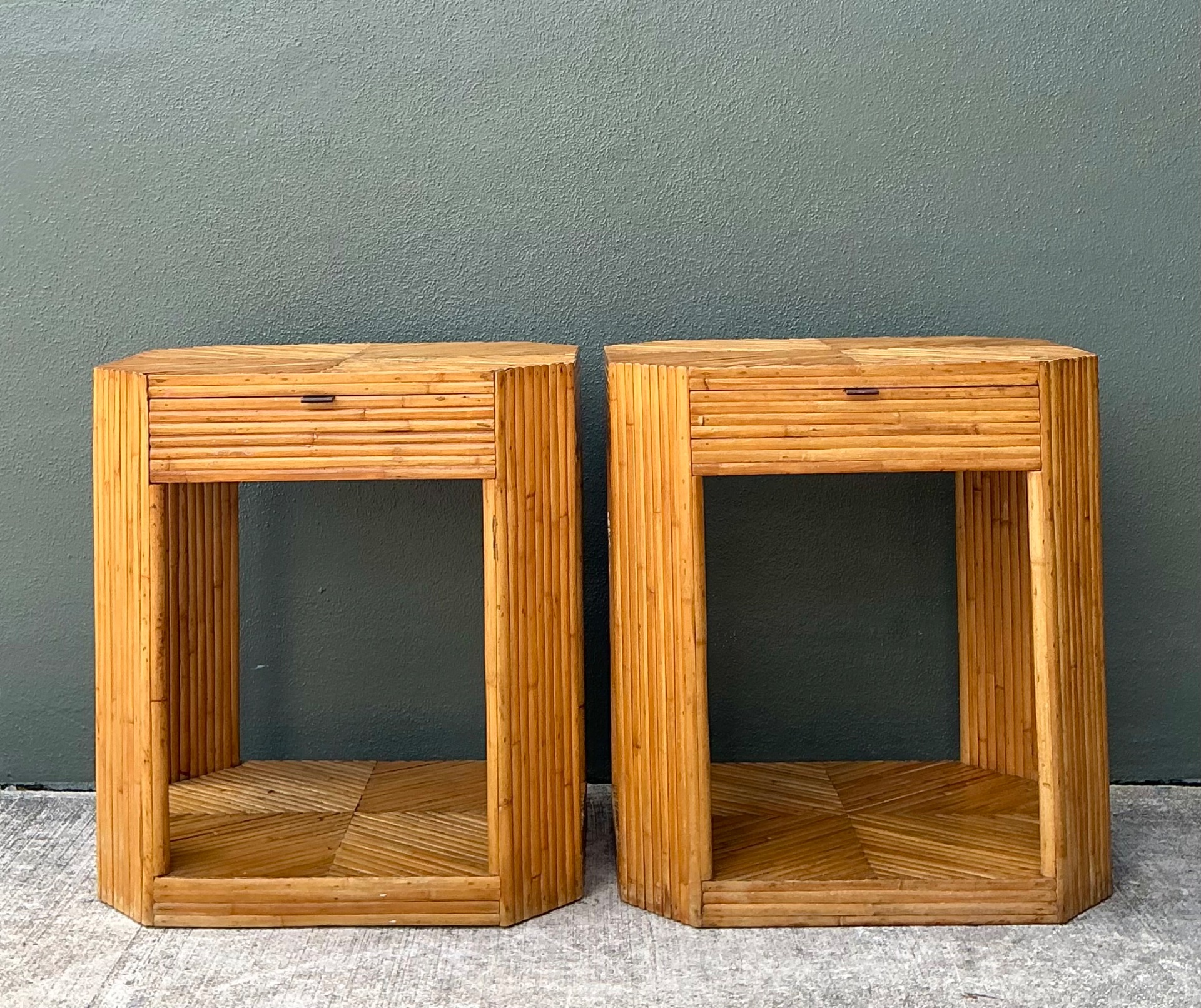 Vintage Rattan Hexagonal Night Stands  - A Pair - Back view