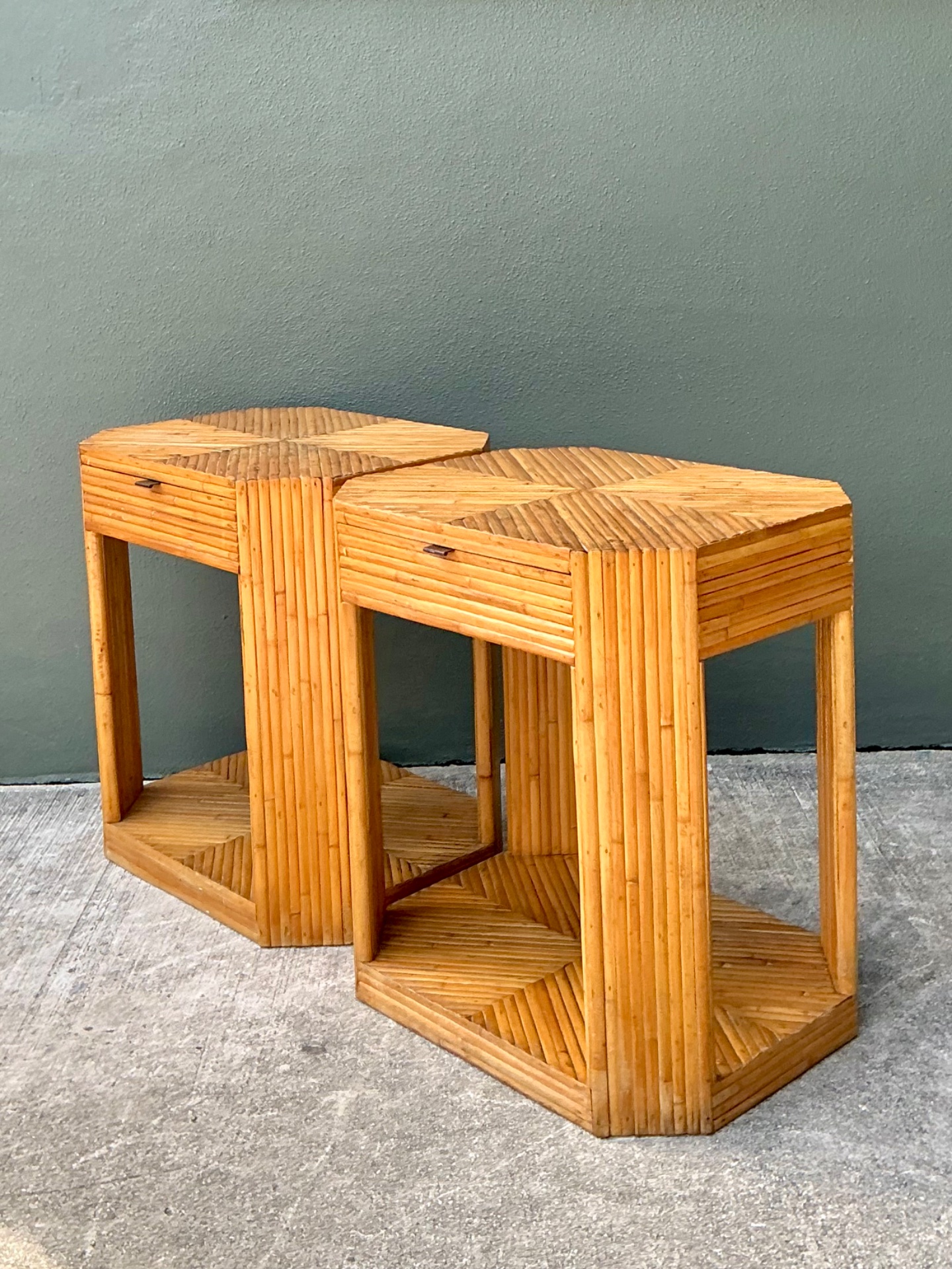 Vintage Rattan Hexagonal Night Stands  - A Pair - Side view