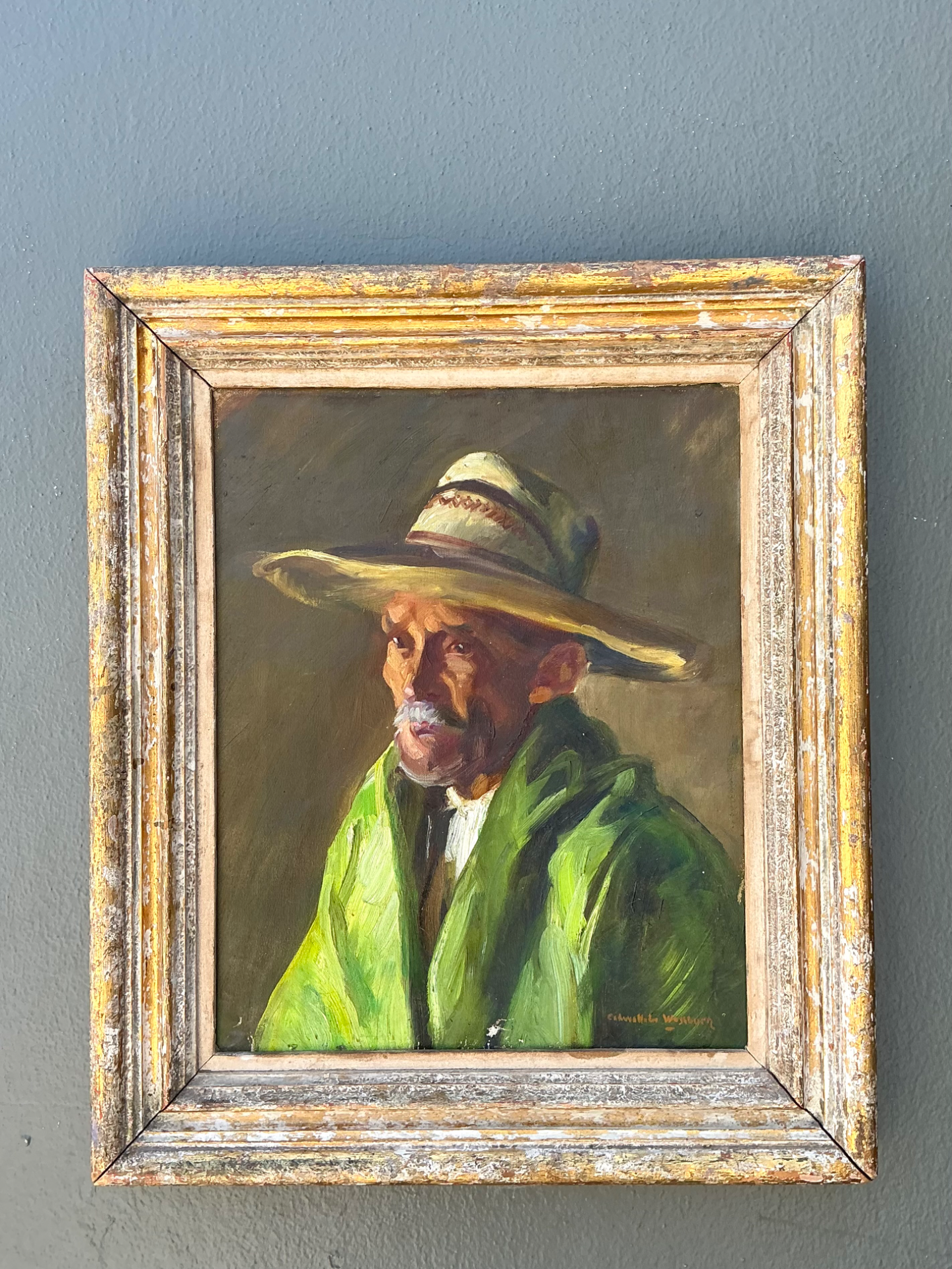 Vintage Framed Oil Painting of Man in Hat - Top view