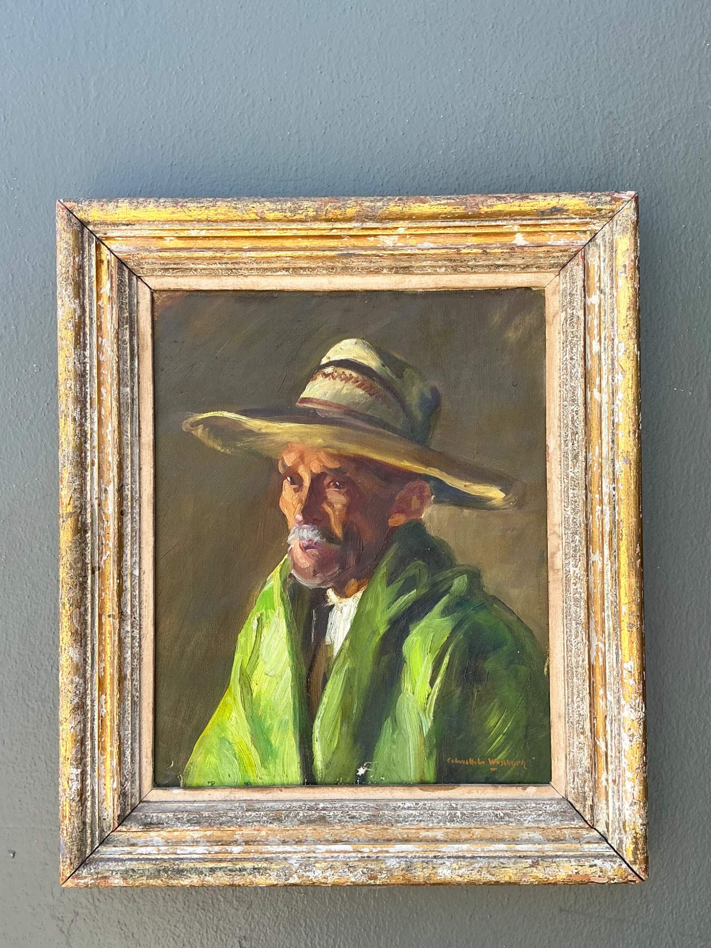 Vintage Framed Oil Painting of Man in Hat - Detail view