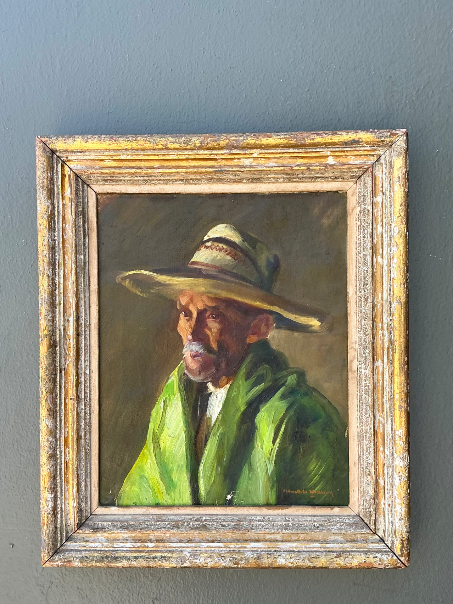Vintage Framed Oil Painting of Man in Hat - Side view