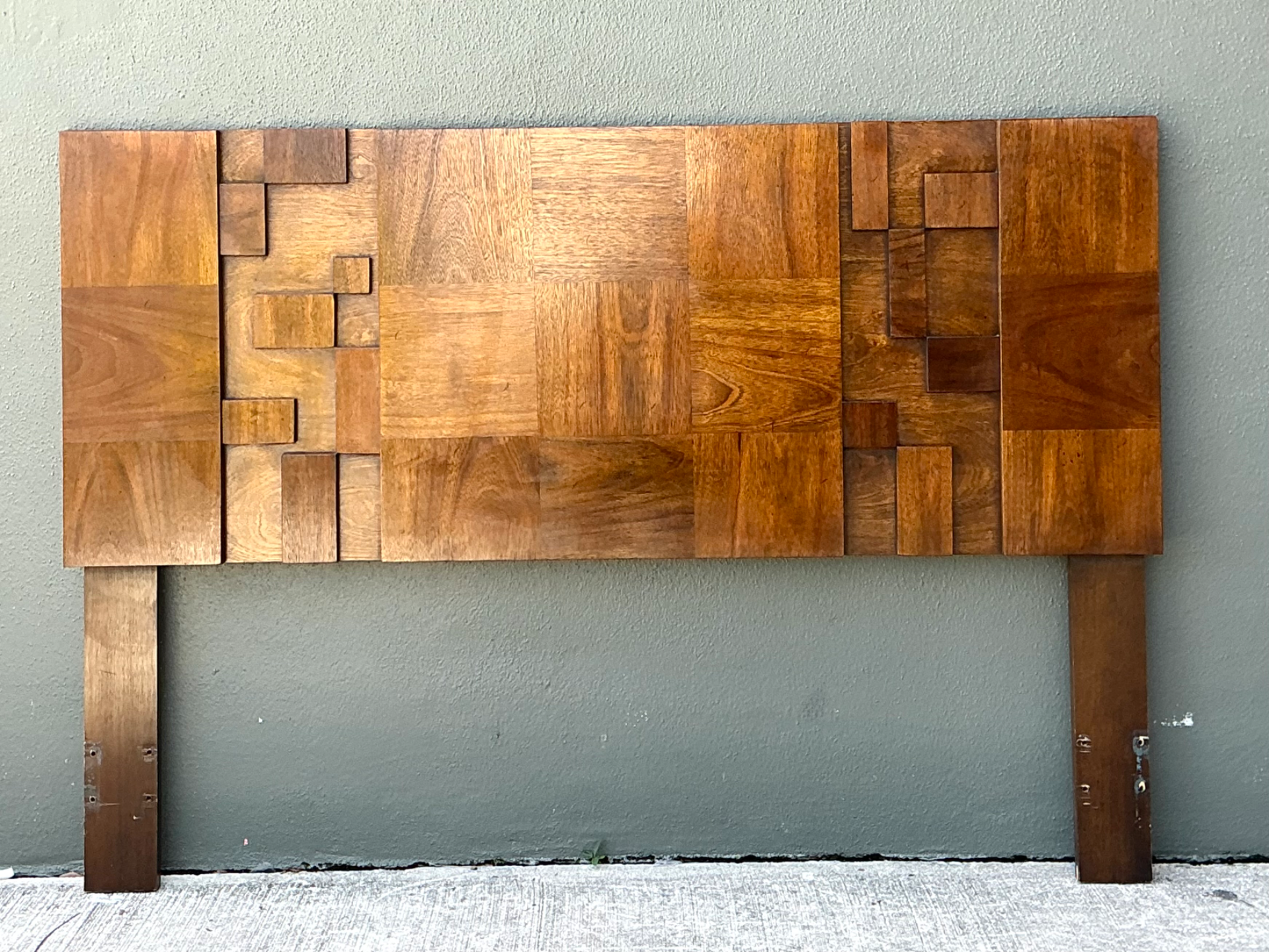 Vintage Lane “Mosaics” Brutalist Wood Queen Headboard - Detail view