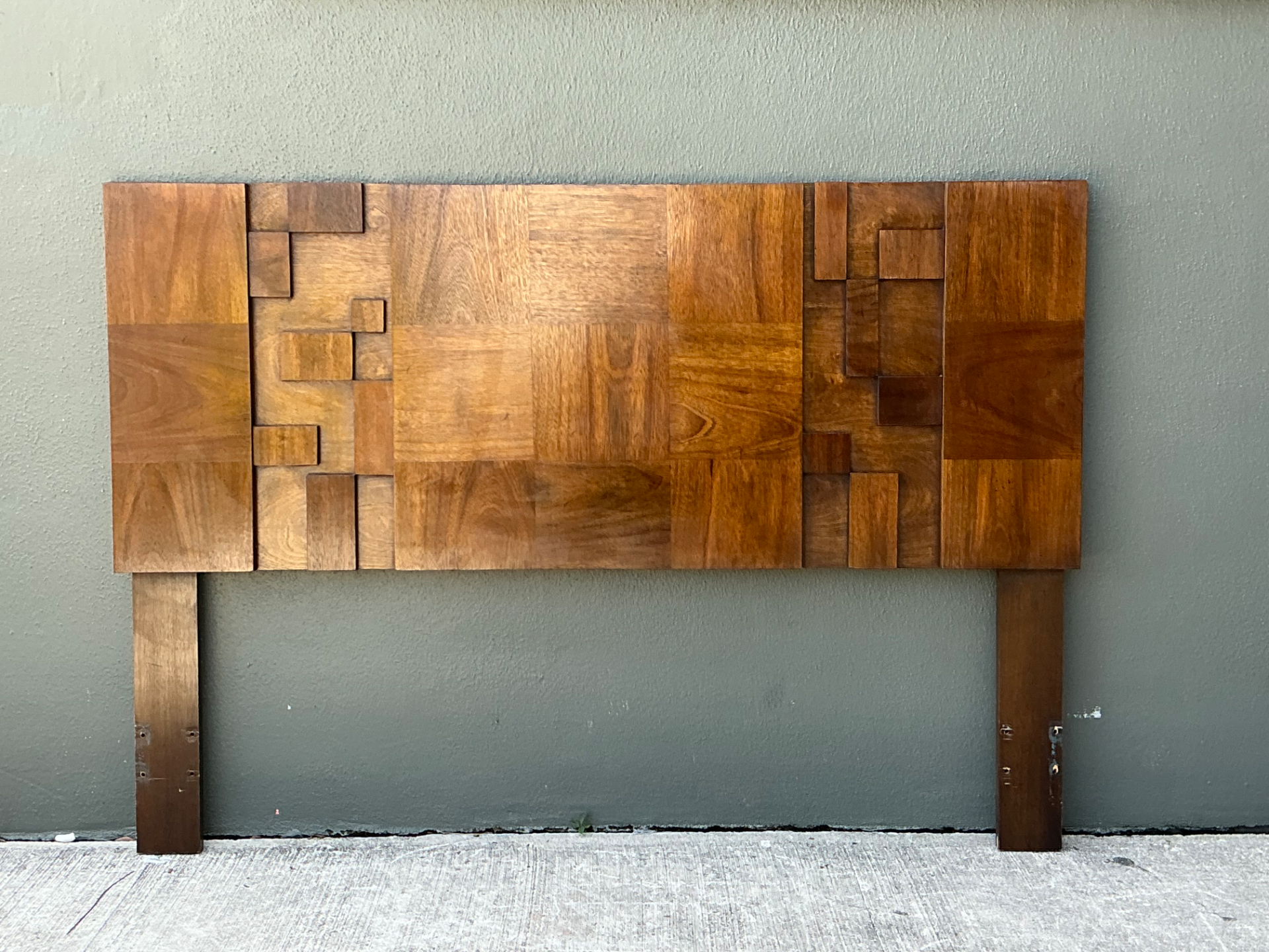 Vintage Lane “Mosaics” Brutalist Wood Queen Headboard - Side view