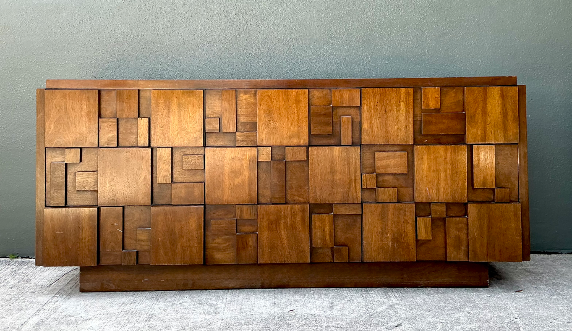 Vintage Lane Brutalist “Mosaics” Geometric Wood Credenza - Detail view