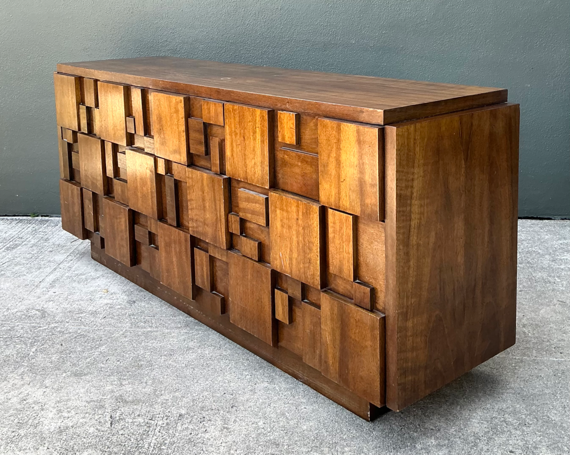 Vintage Lane Brutalist “Mosaics” Geometric Wood Credenza - Top view