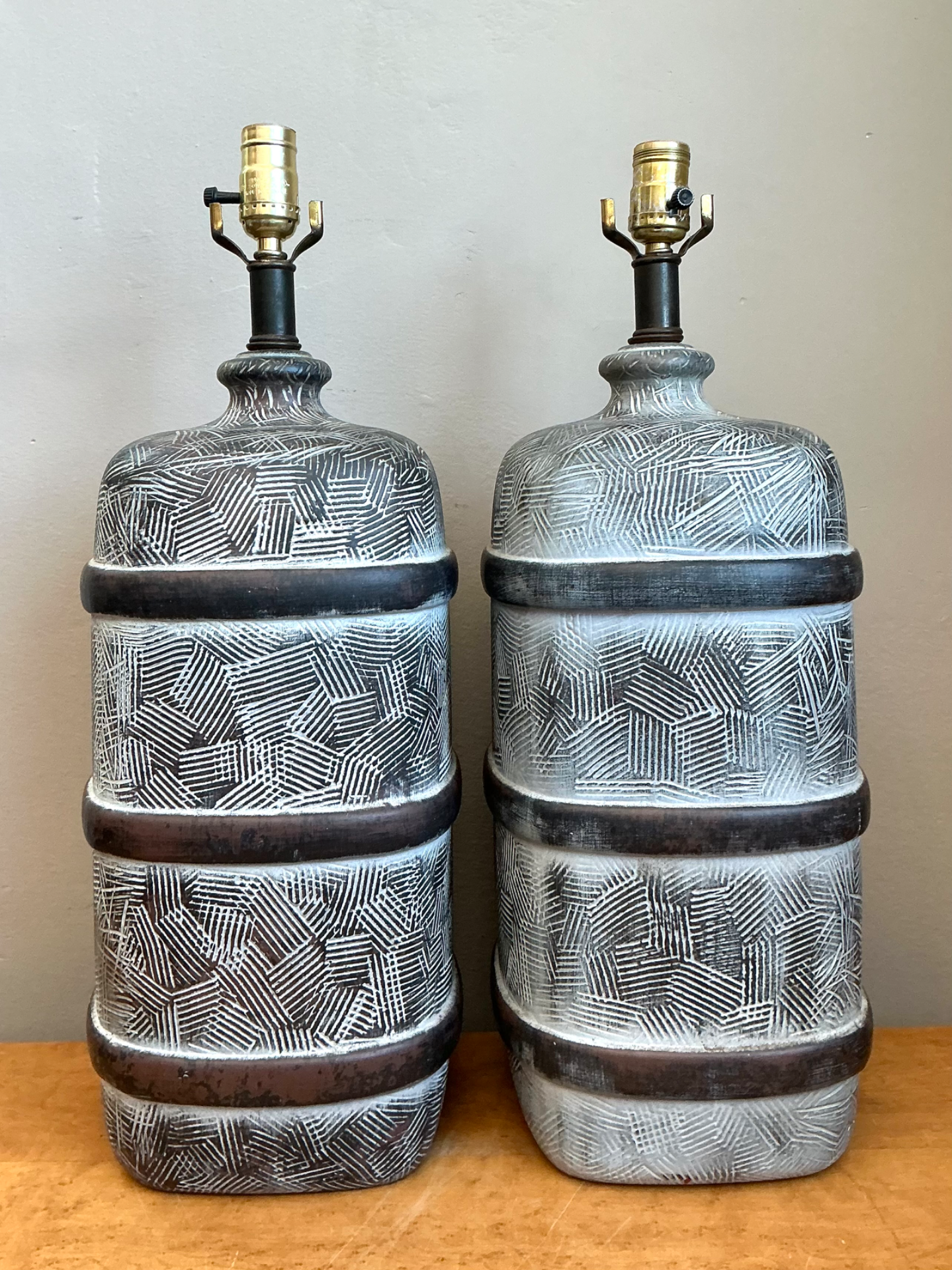 Vintage Geometric Ceramic Table Lamps - Pair - Top view