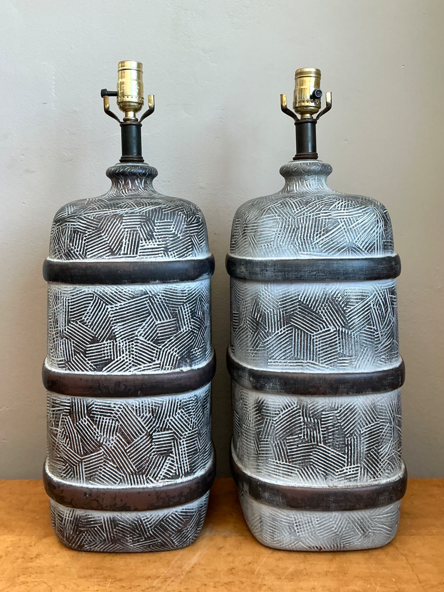 Vintage Geometric Ceramic Table Lamps - Pair - Side view