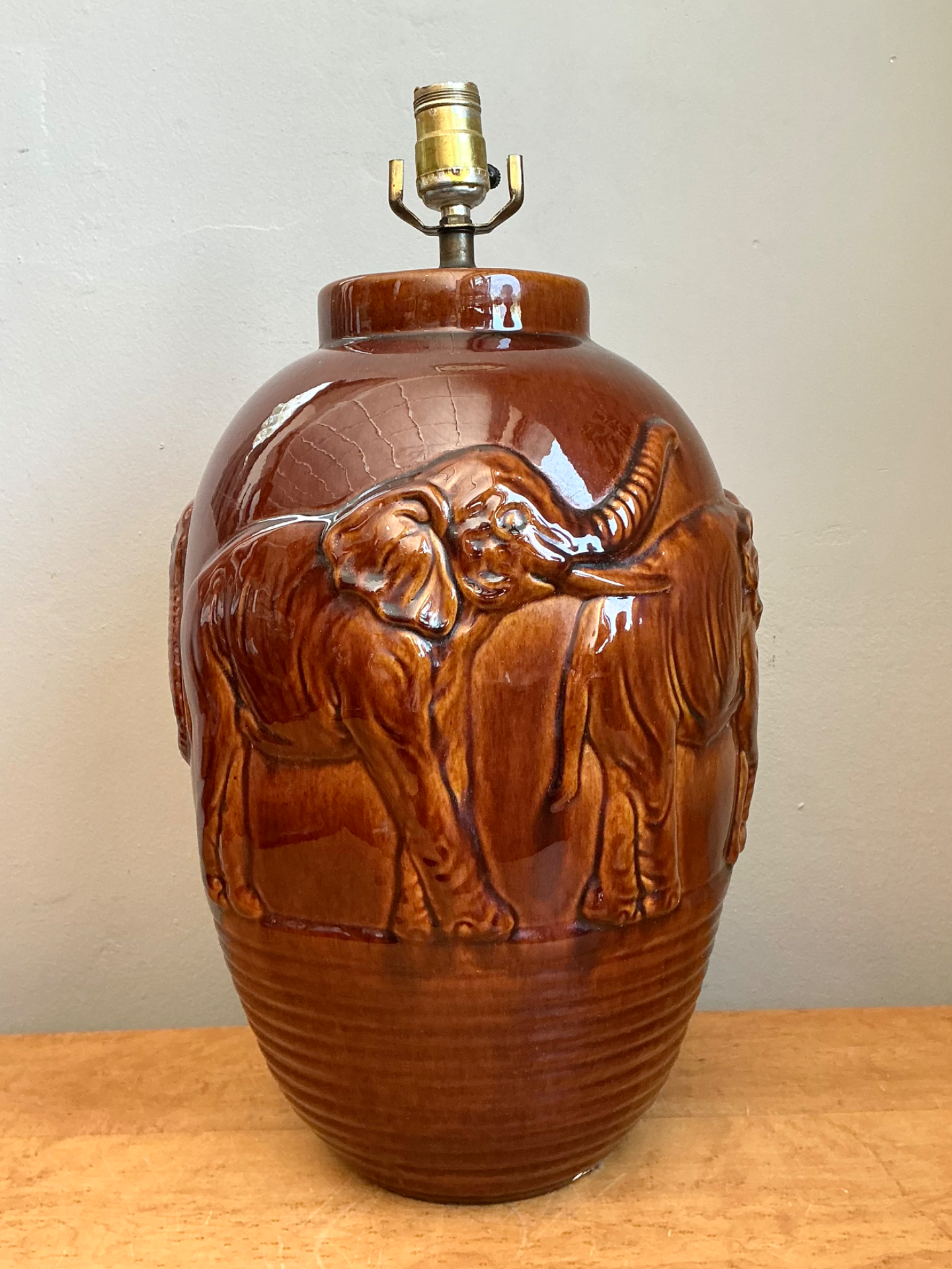 Vintage Brown Glazed Ceramic Elephant Lamp - Back view