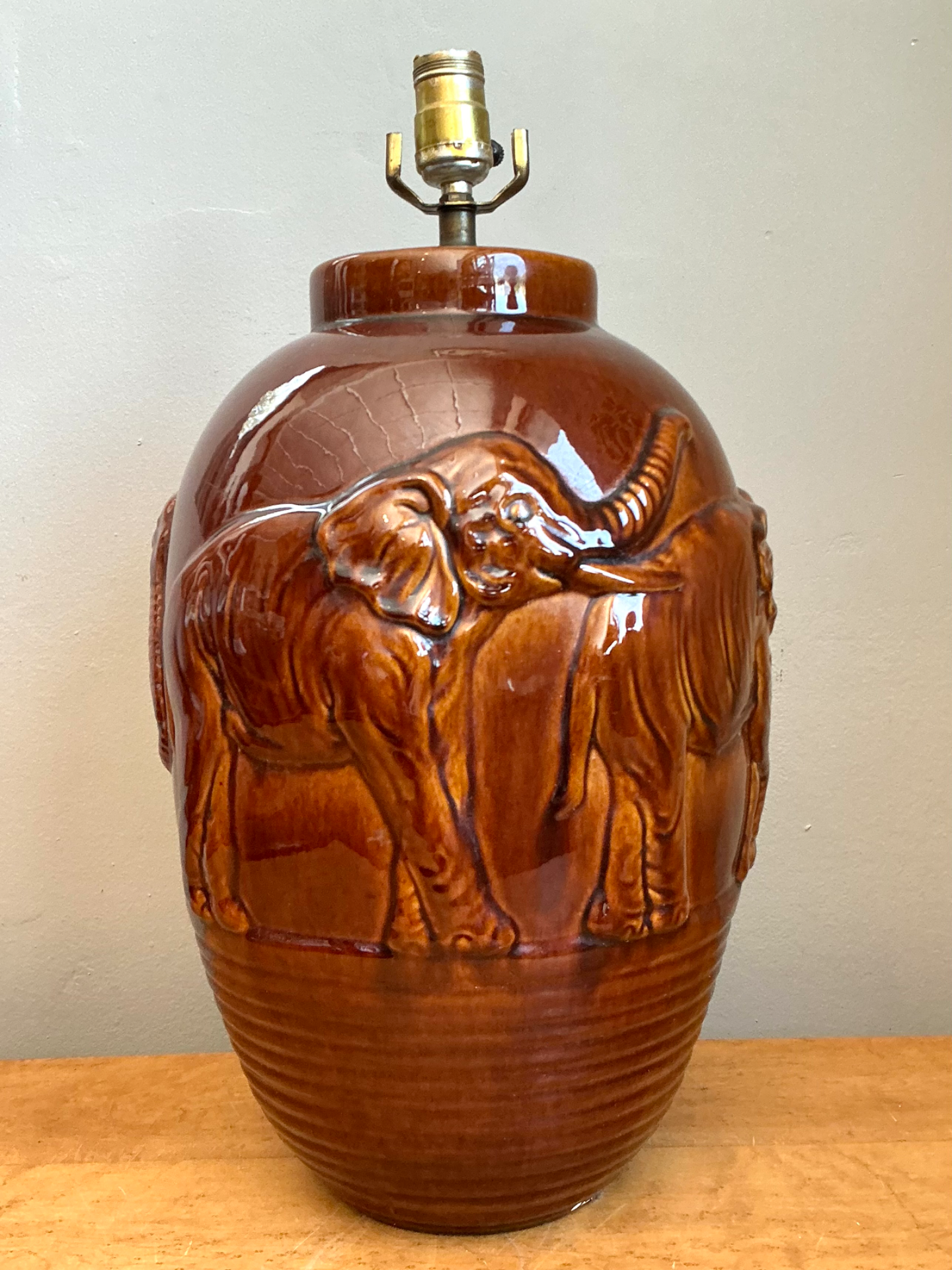 Vintage Brown Glazed Ceramic Elephant Lamp - Top view