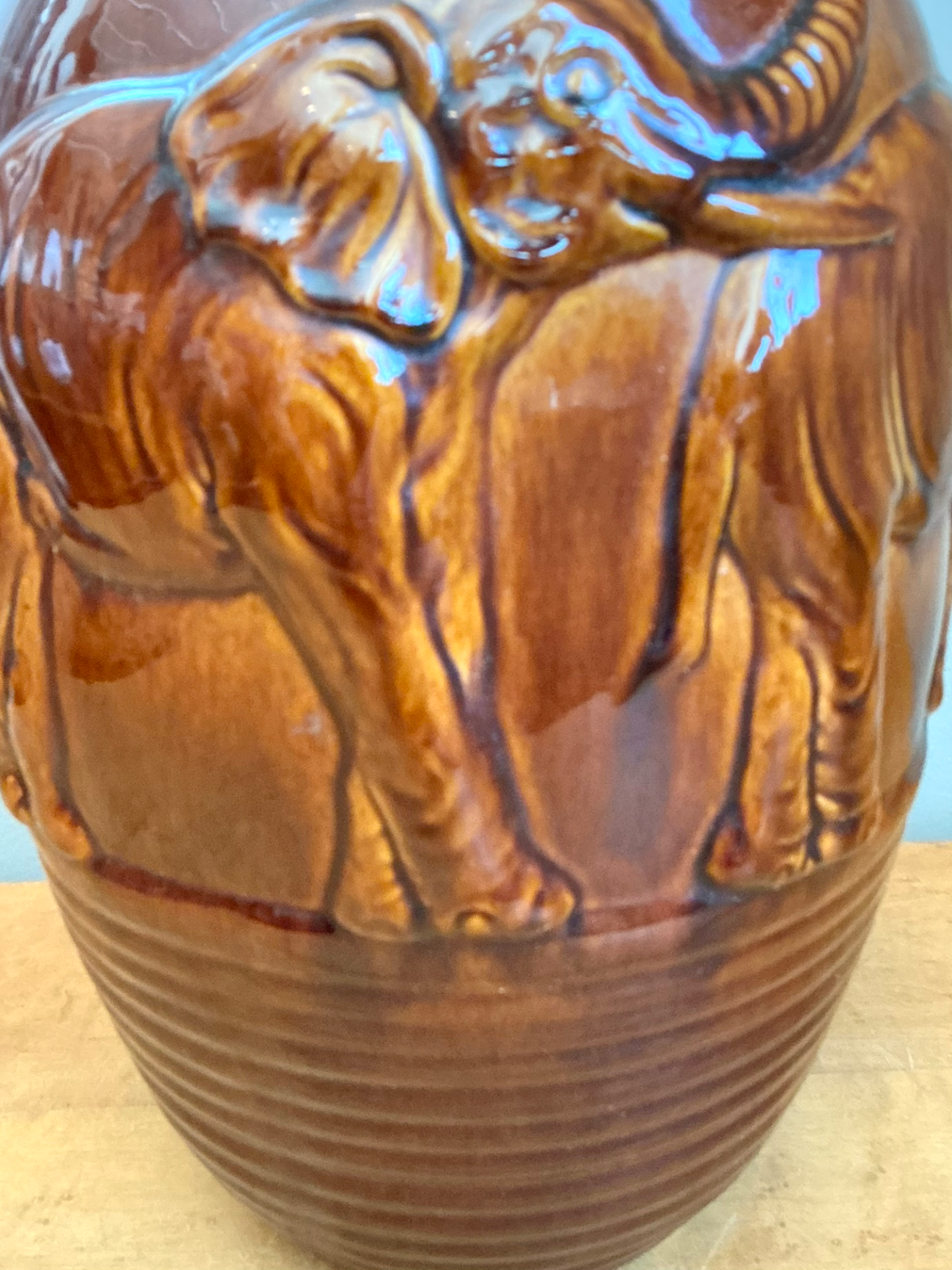 Vintage Brown Glazed Ceramic Elephant Lamp - Side view