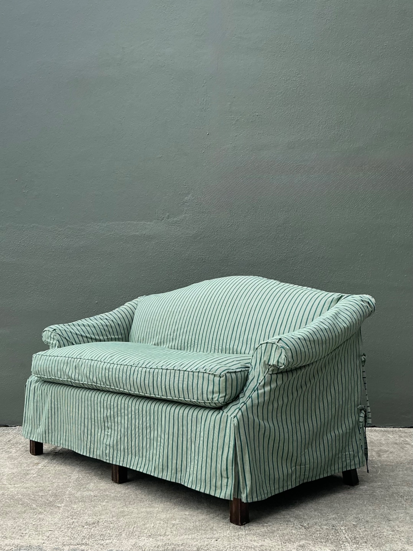 Vintage Striped Slip Covered Camelback Loveseat - Top view