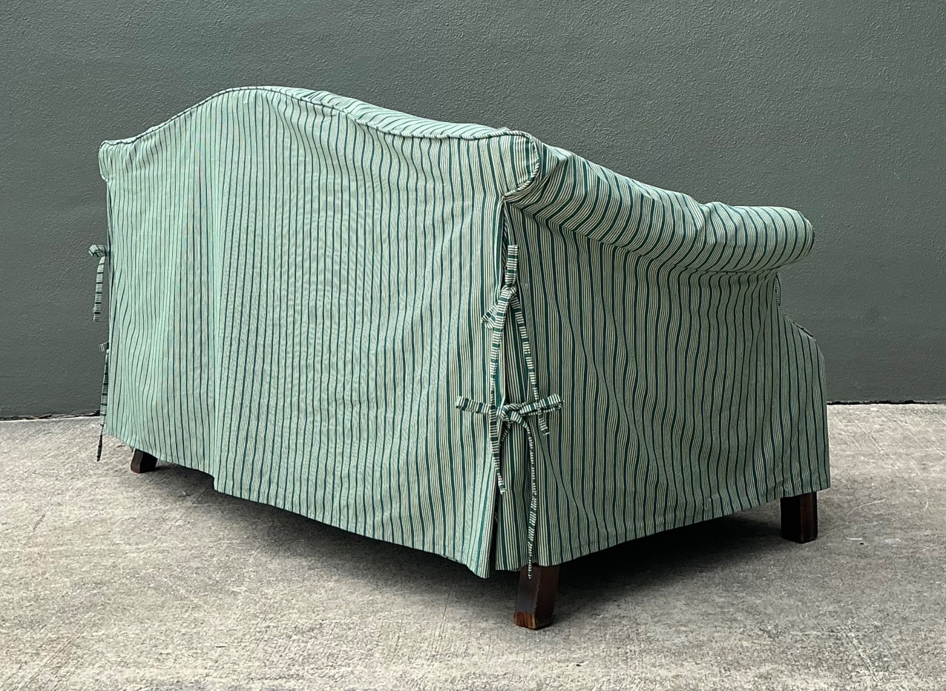 Vintage Striped Slip Covered Camelback Loveseat - Back view