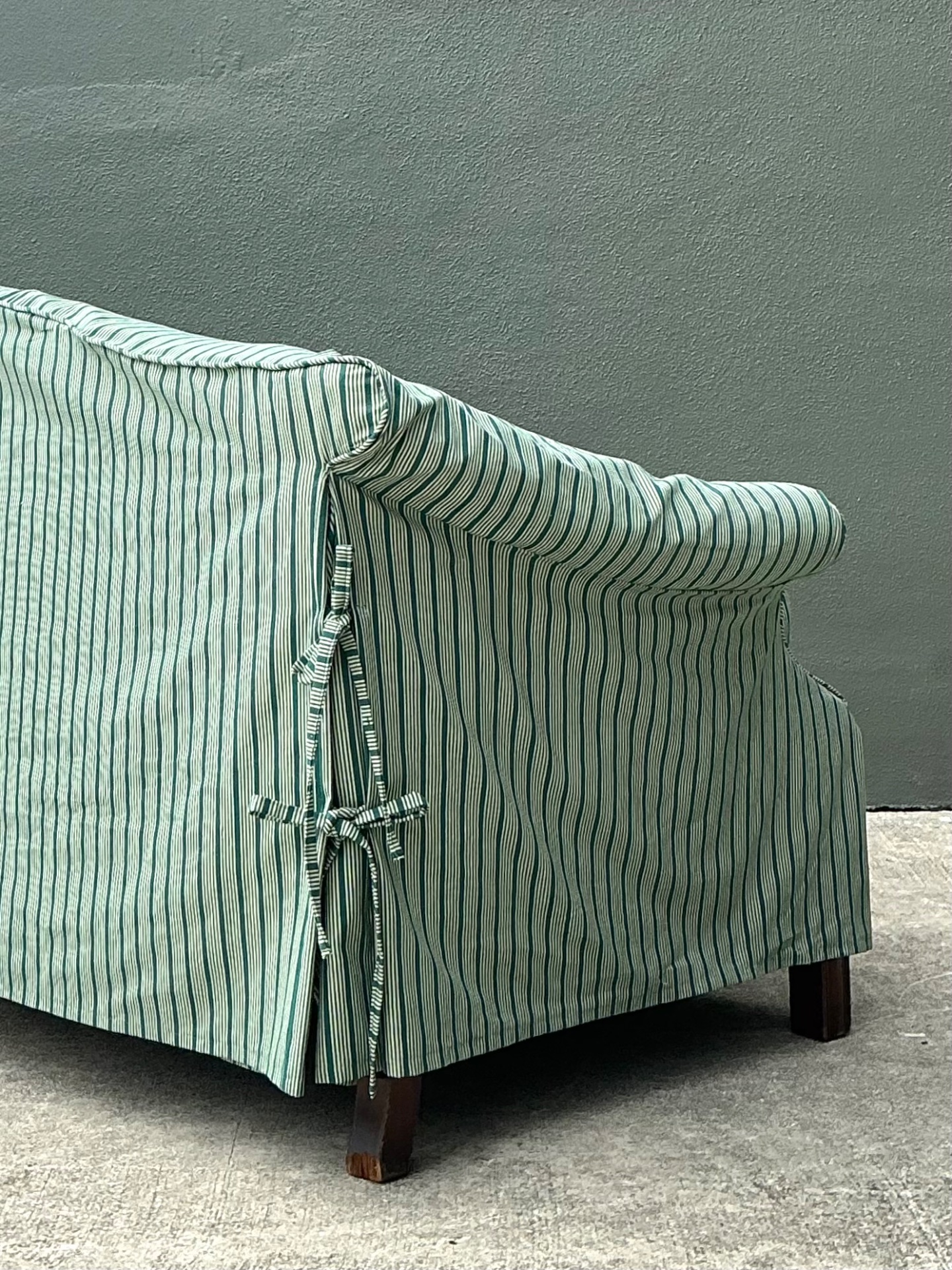 Vintage Striped Slip Covered Camelback Loveseat - Detail view