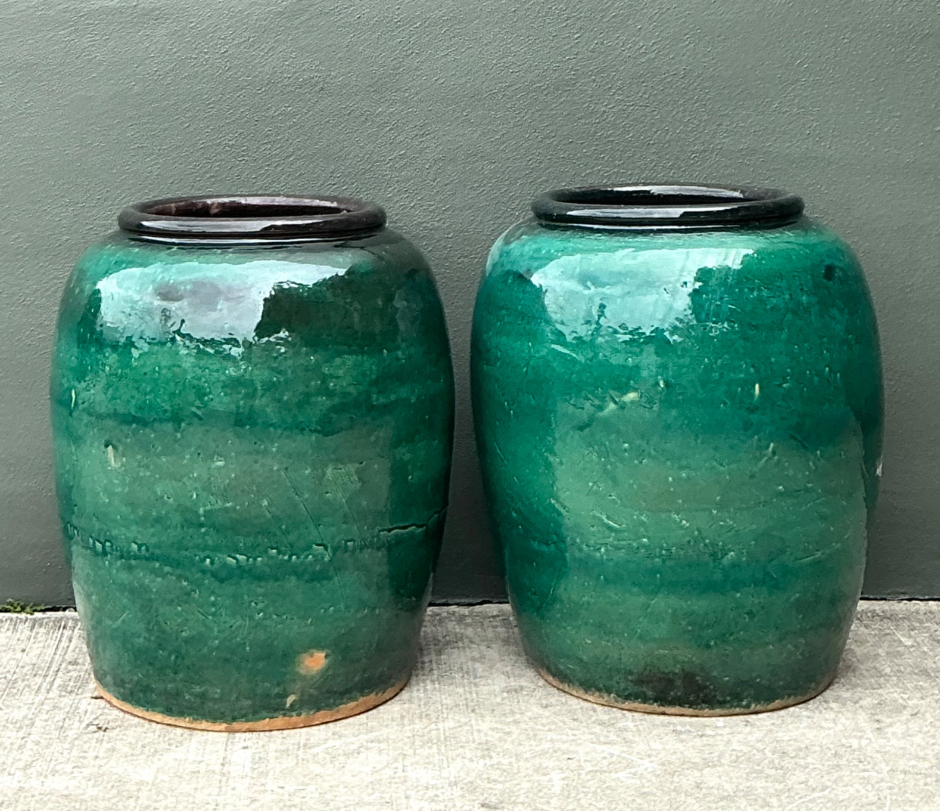 Vintage Green Glazed Earthenware Vessels - A Pair - Side view