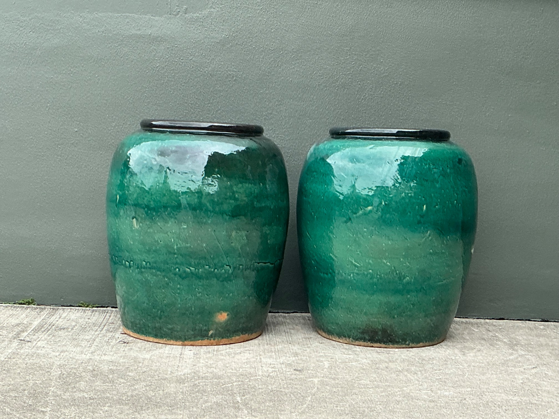 Vintage Green Glazed Earthenware Vessels - A Pair - Top view