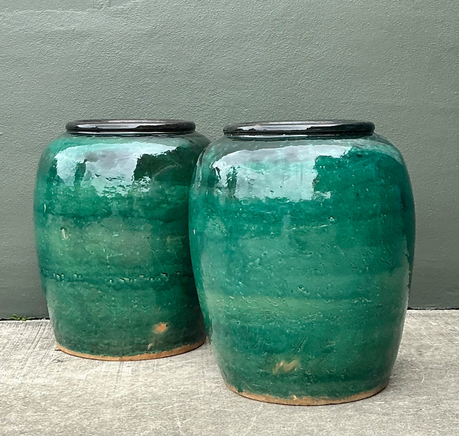 Vintage Green Glazed Earthenware Vessels - A Pair - Detail view