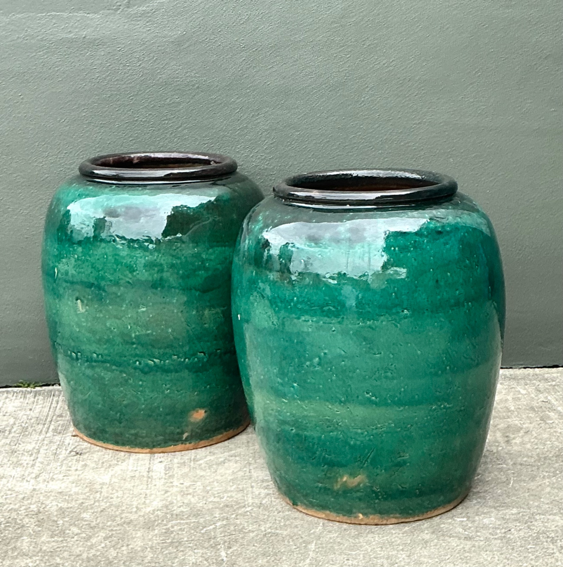 Vintage Green Glazed Earthenware Vessels - A Pair - Back view