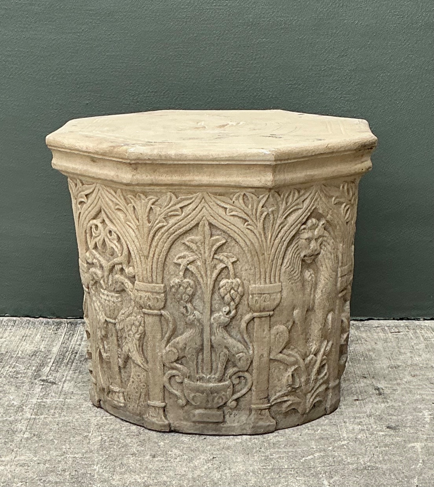 Vintage Cast Stone Lions Head Table Pedestal - Detail view
