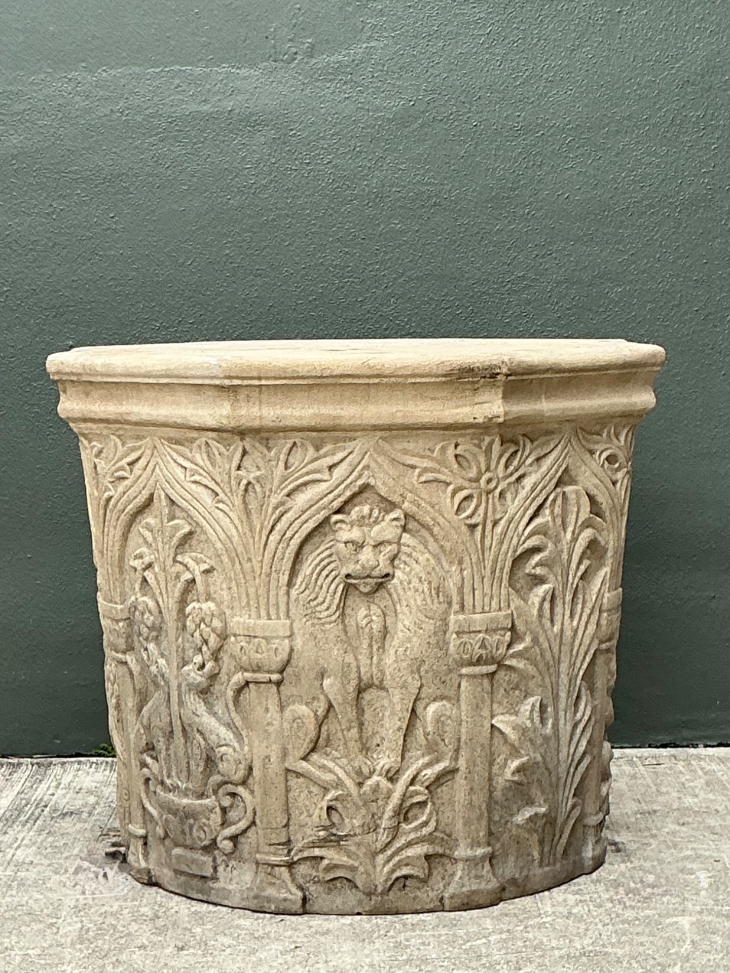 Vintage Cast Stone Lions Head Table Pedestal - Side view
