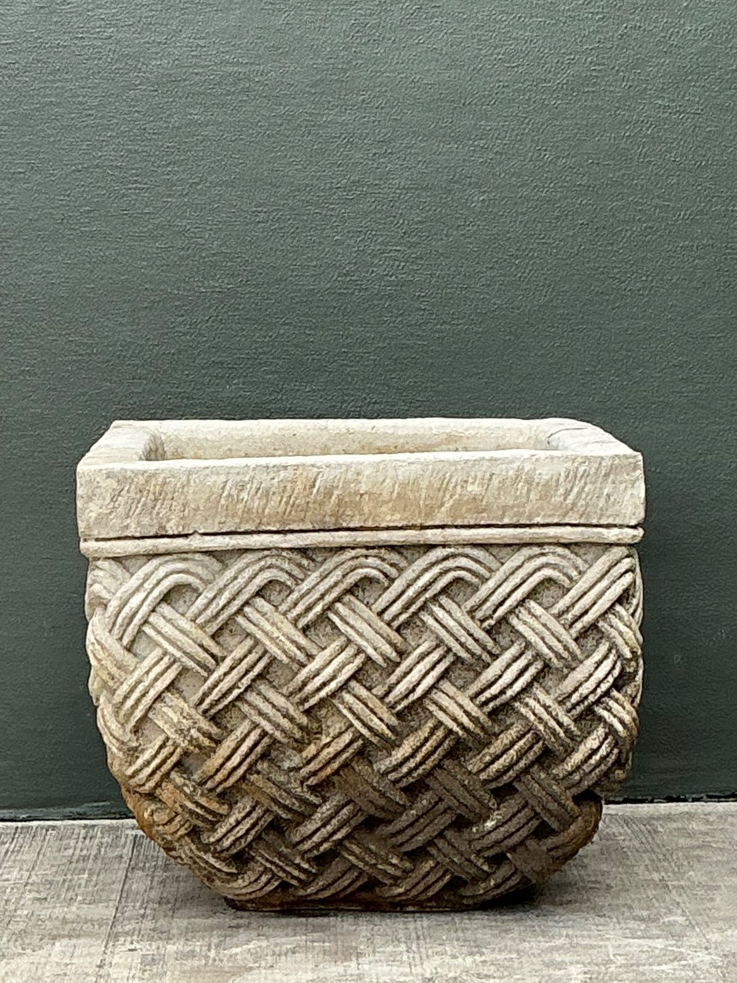 Vintage Basketweave Stone Planter - Back view