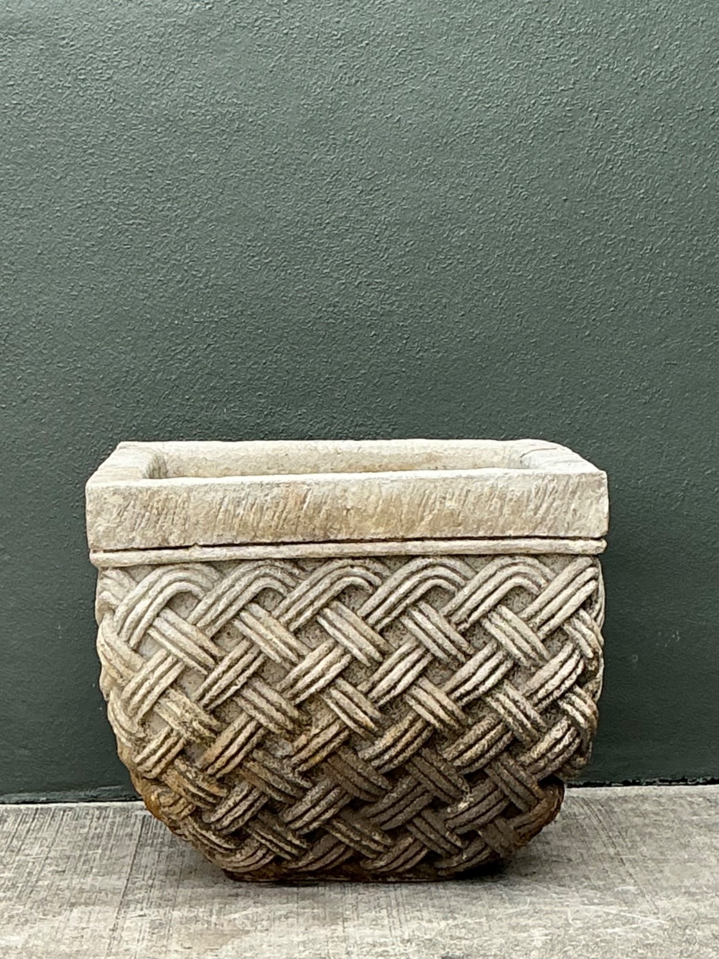 Vintage Basketweave Stone Planter - Detail view