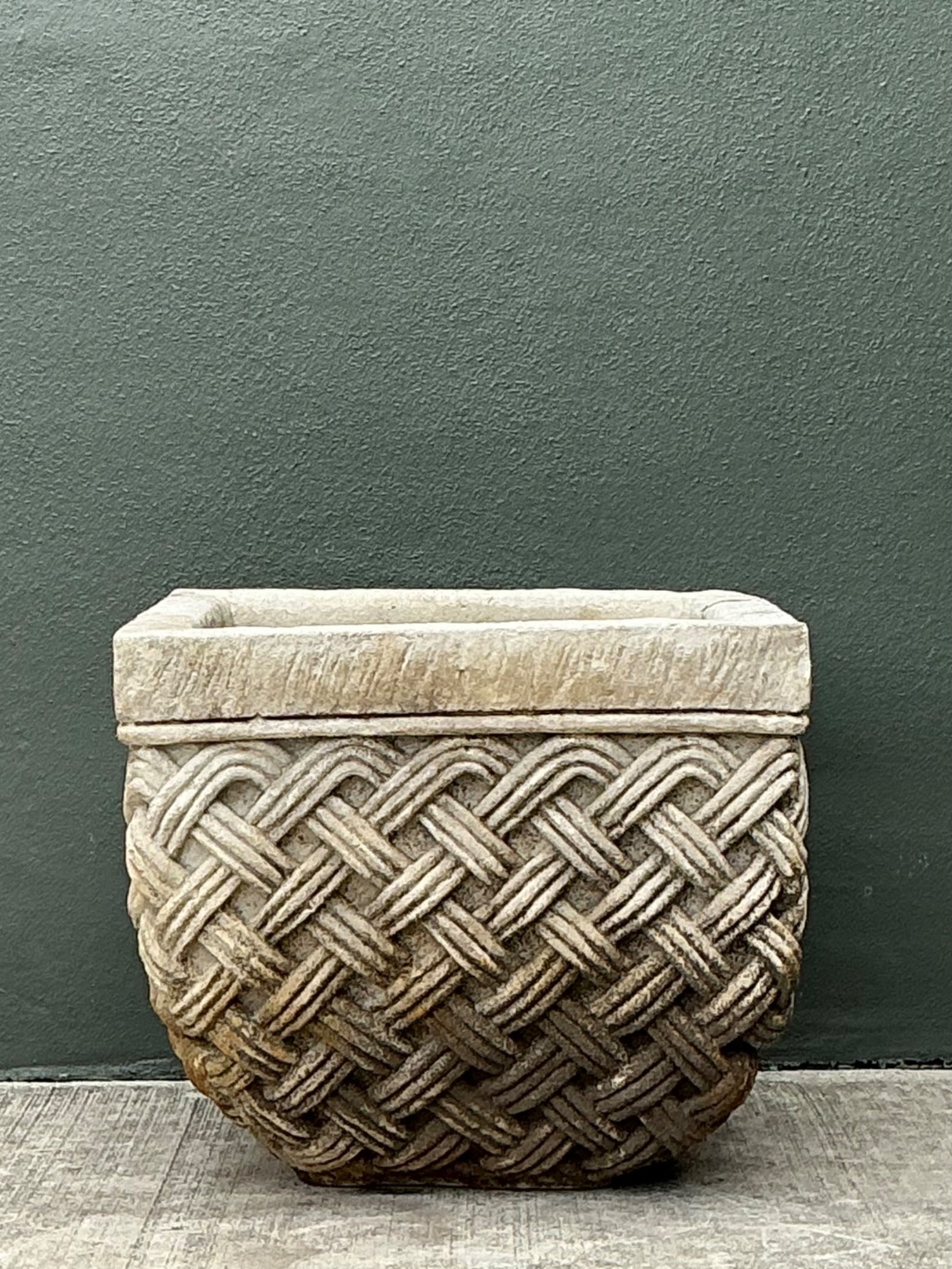 Vintage Basketweave Stone Planter - Top view