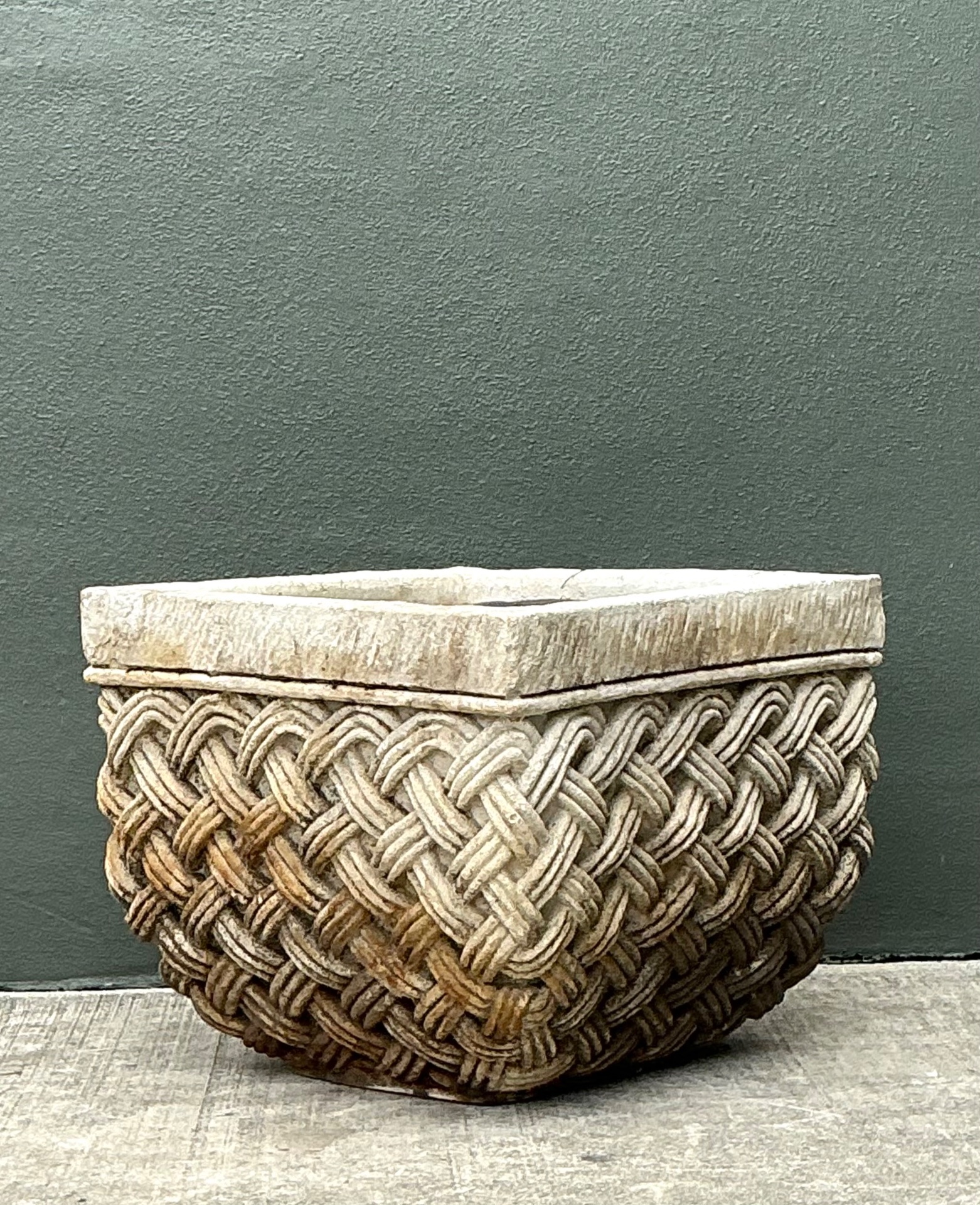 Vintage Basketweave Stone Planter - Side view