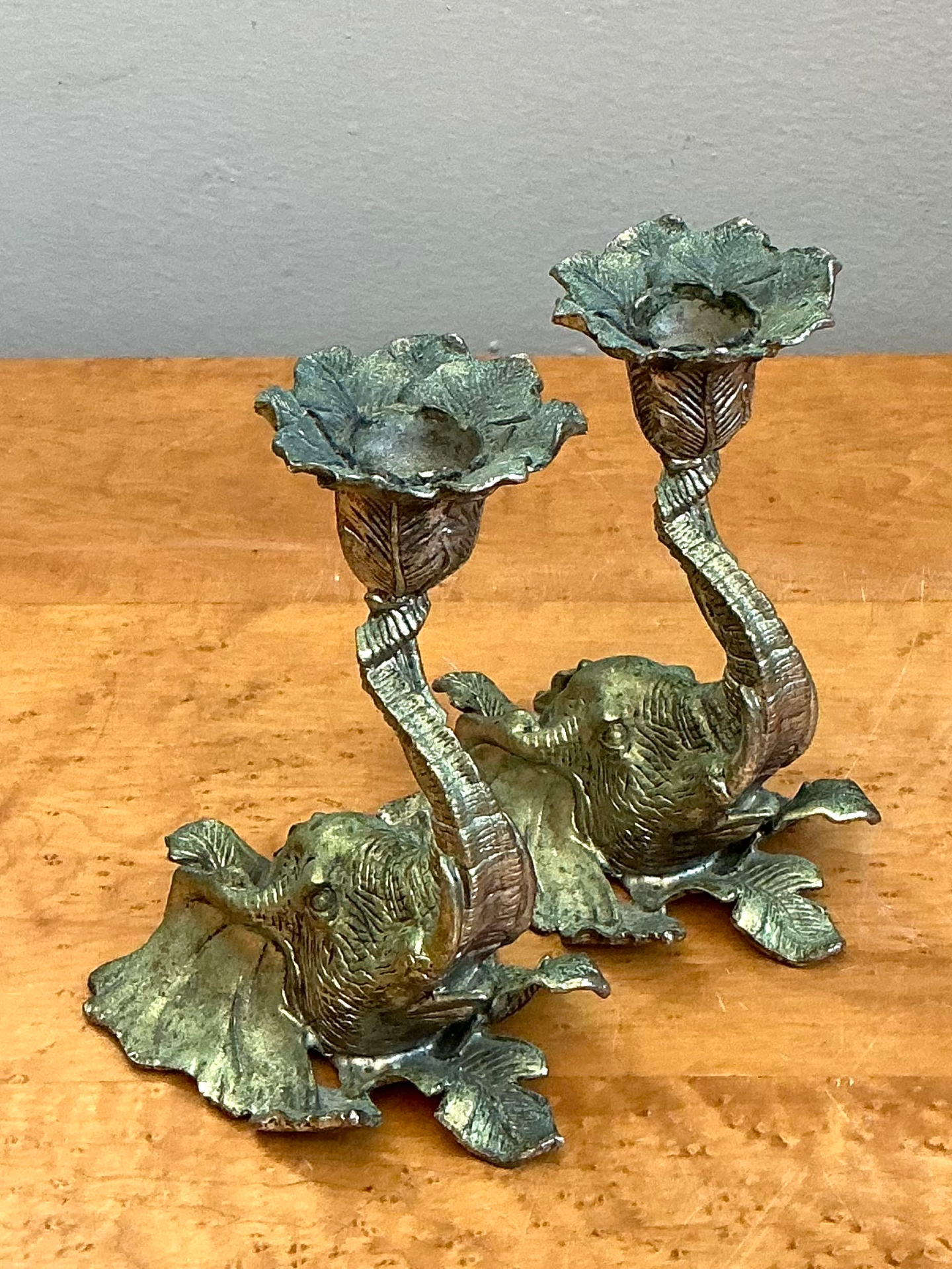 Vintage Brass Elephant Candlesticks - Pair - Side view